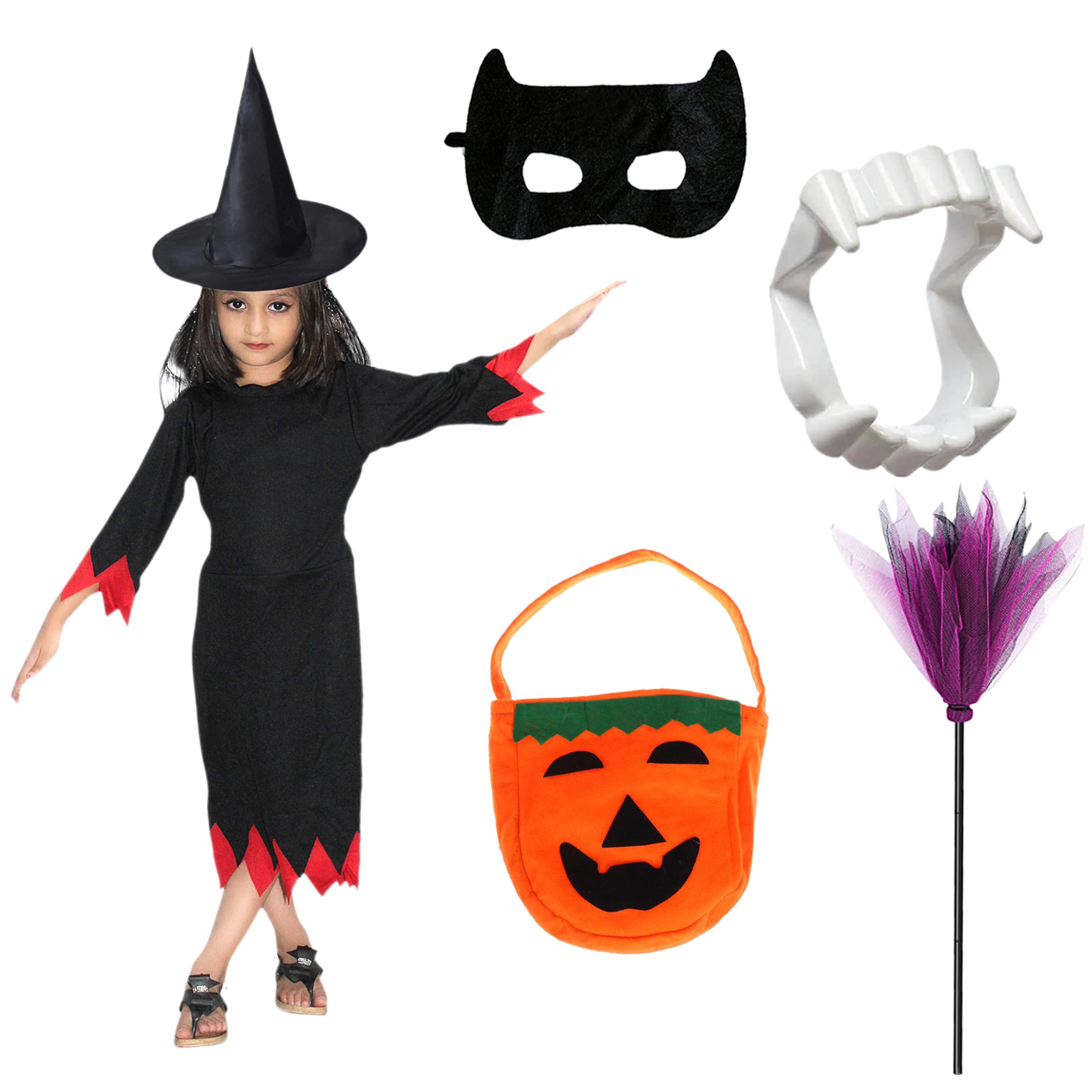 Kaku Fancy Dresses Polyester Spooky Witch Costume With Hat, Teeth, Mask, Witch Broom & Pumpkin Bag Set For Kids, Multicolor (B0CJK26PC1) Amazon Price History, Amazon Price Tracker