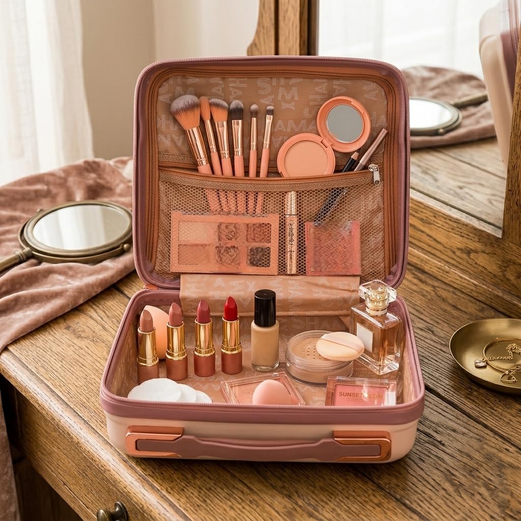 Adson Travel Make up Train Case, Waterproof Portable Hard Shell Cosmetic Case Luggage Mini Suitcase Makeup Brushes Bag Toiletry Organizer Portable Makeup Carrying Case (Cream with Gold Touch) 4