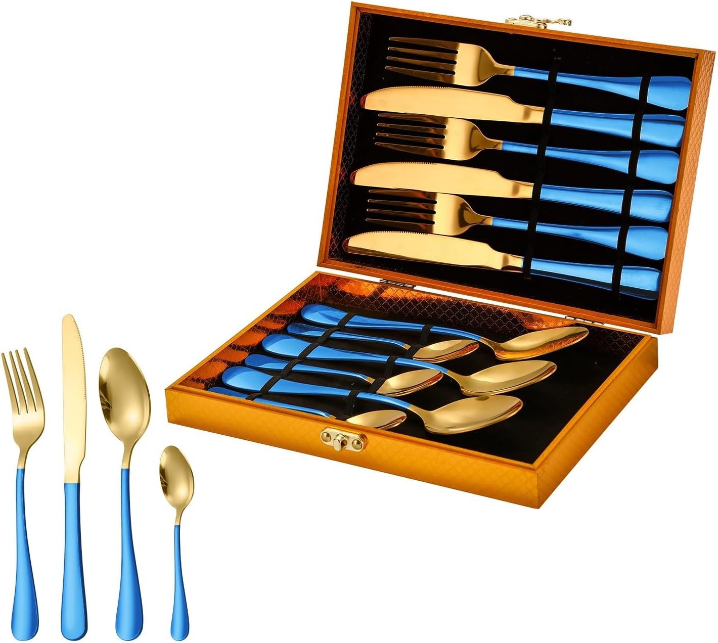 Silverware Flatware Set, 12-piece Stainless Steel Cutlery Set In A Gold Wooden Box For 3 People, Hotel Home Steak Knife, Fork And Spoon Set(Blue Gold)