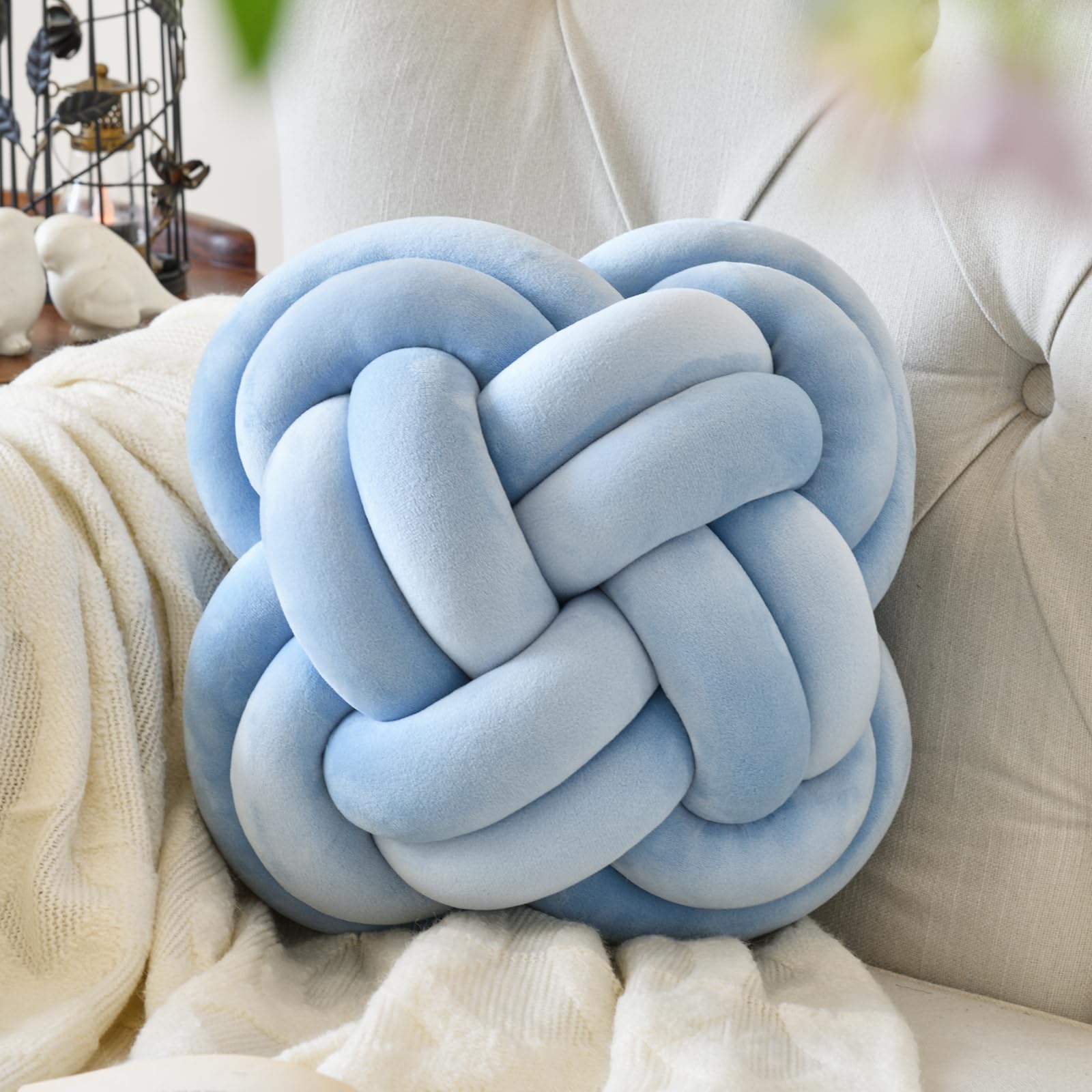 Xuyier Knot Pillow Ball, Decorative Throw Pillows with Velvet Fabric for Couch Bed, 12" Decor Knotted Square Floor Pillow Cushions for Living Room (12