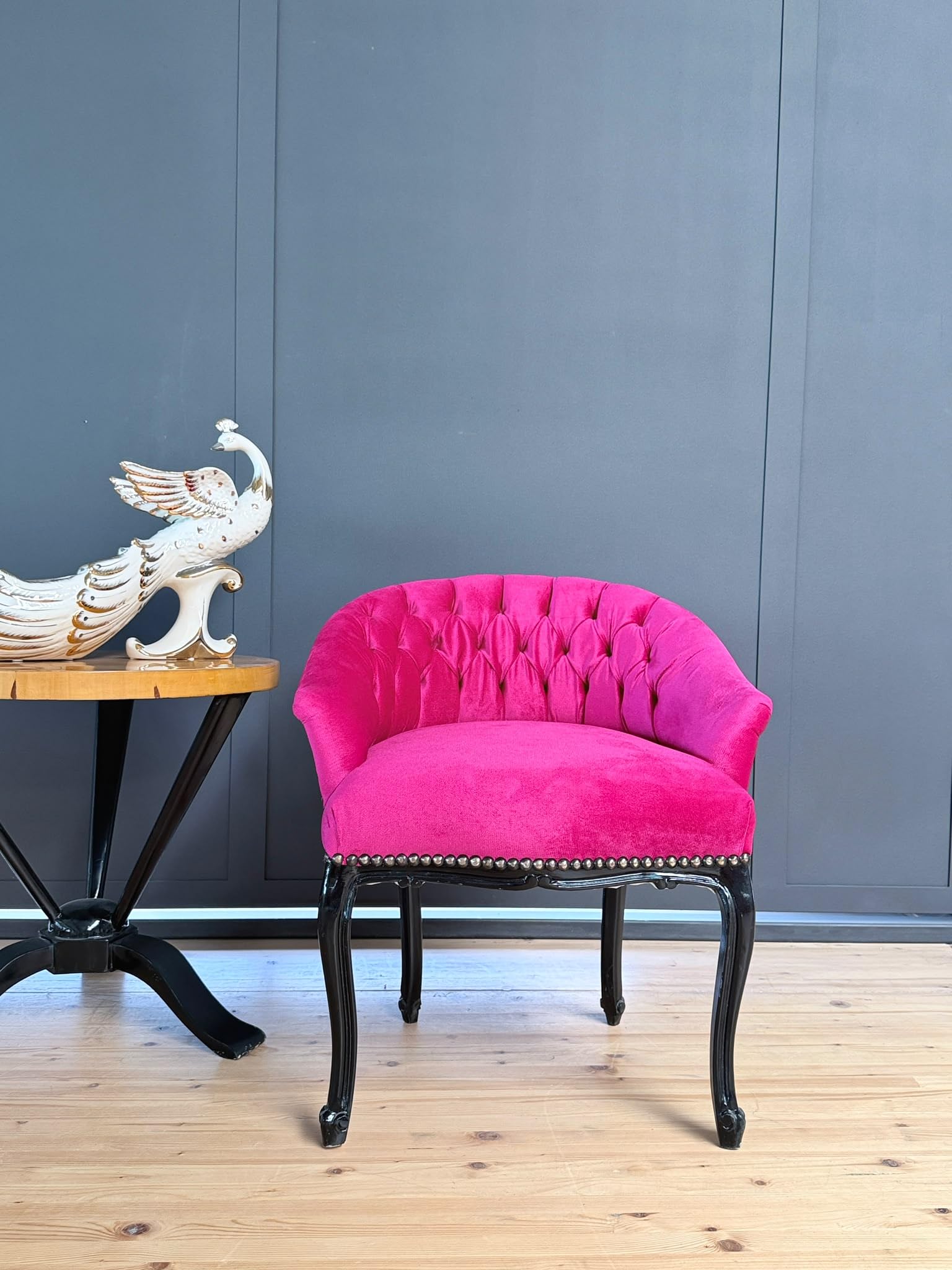CasAmin Fauteuil à cocktail baroque rose vif, chaise de bar nostalgique, velours touffeté