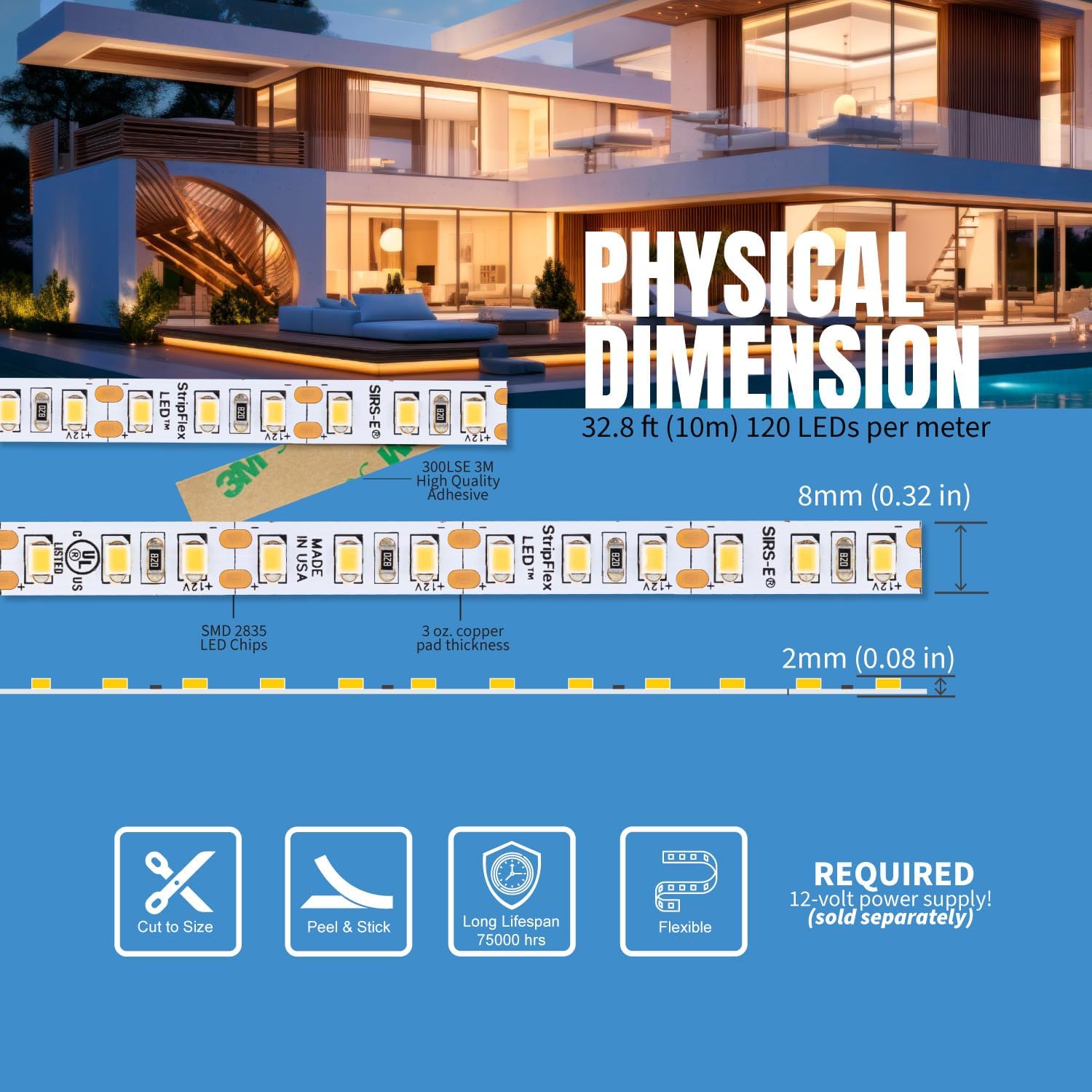 SIRS-E StripFlexLED White LED Strip Lights, 12V 120 LEDs/m 3000K Soft White, 32.8 ft. (10m), UL Listed, Made in USA, Professional-Grade Flexible Tape for Versatile Lighting