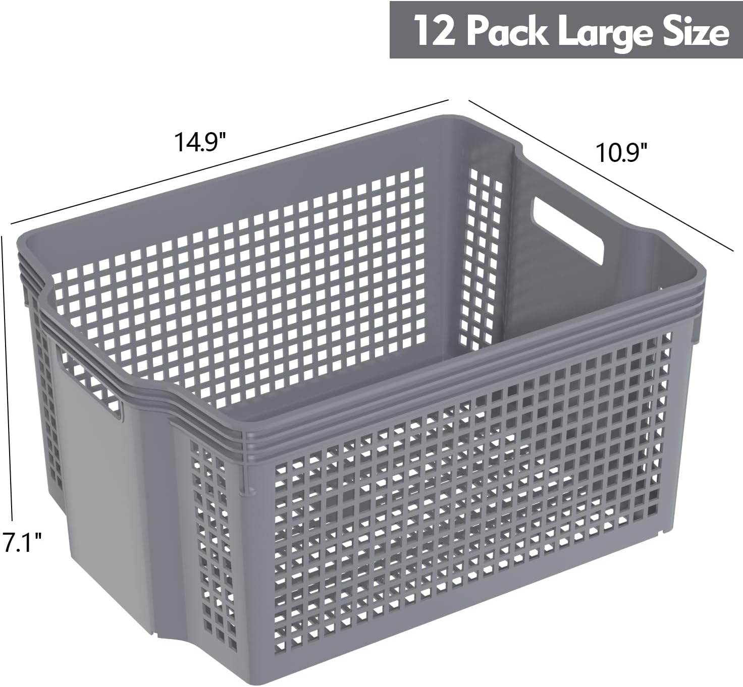 12 Pack Large Plastic Stackable Baskets Organizer, Grey Stacking Storage Basket Bin for Pantry, Shelves