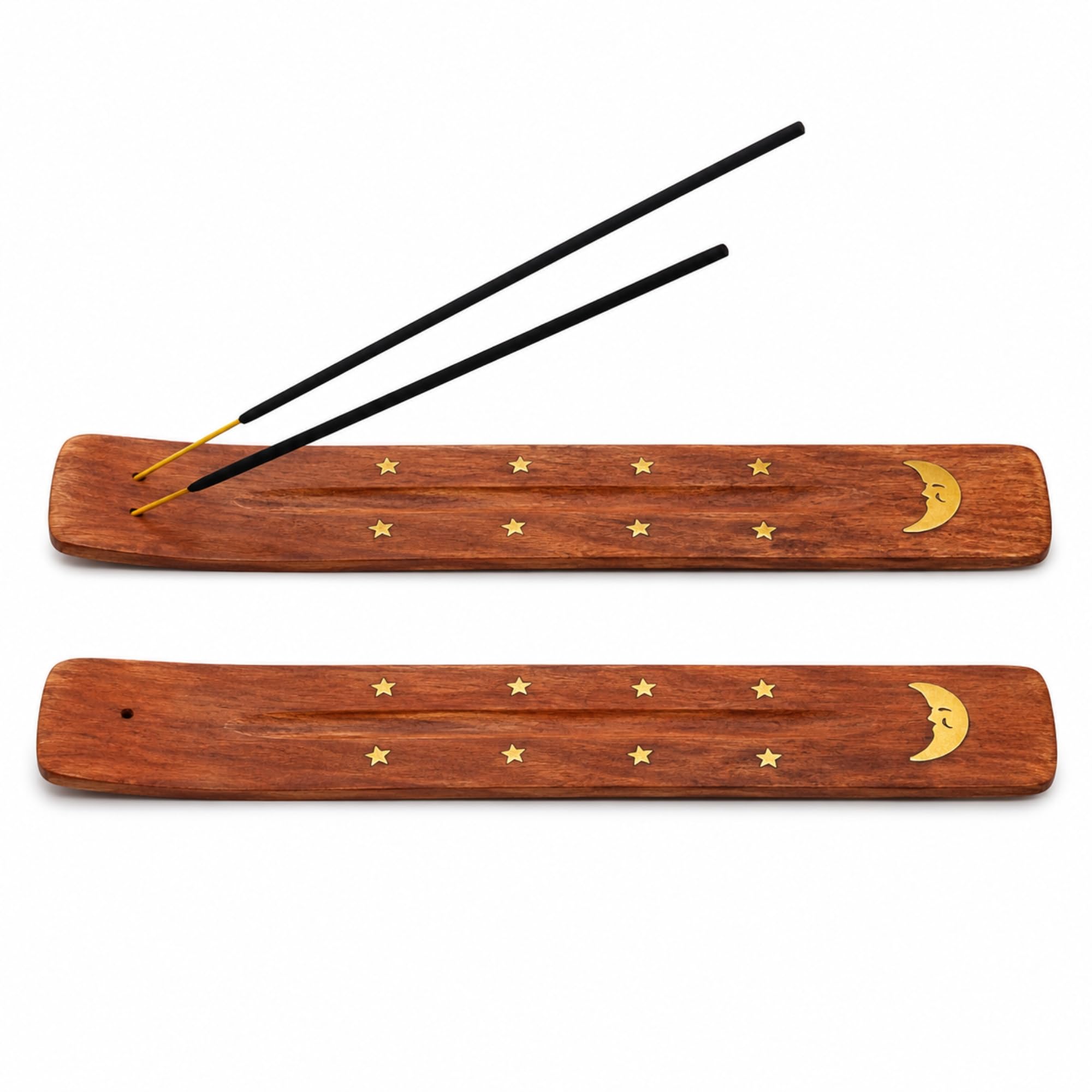 Fenny's Creations Natural Wooden Incense Burner Holder With Ash Catcher, Single Stick Design For Meditation, 24 X 8 Cm (Moon Ash Catcher 2Pcs)