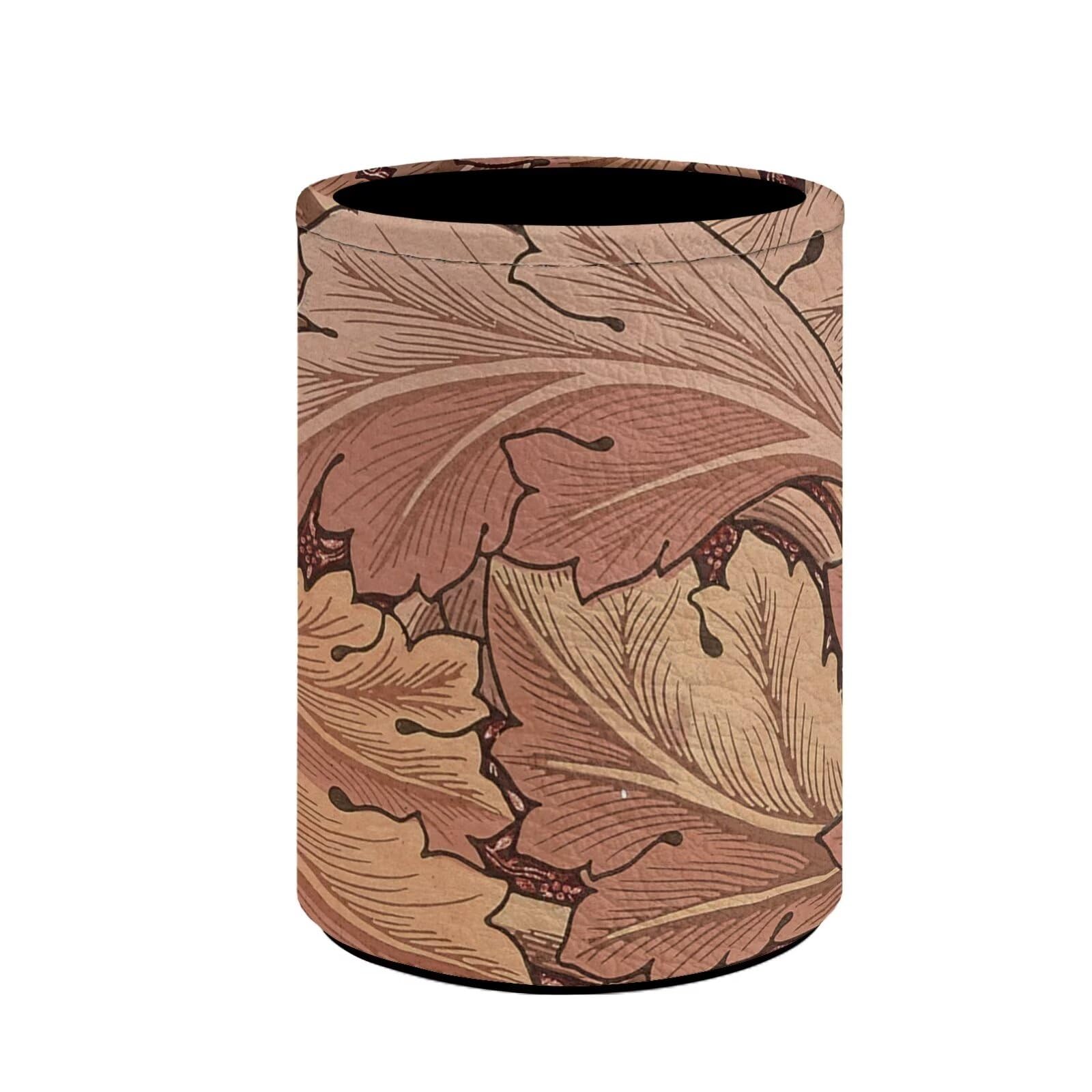 Buxolandt Vintage Wooden Leaf Print Pencil Holder Pen Cup Container PU Leather Desk Organizer Stand Decor Brush Scissor Holder Decoration Office Desk Home School Supplies (7.6 x 10.3 cm)
