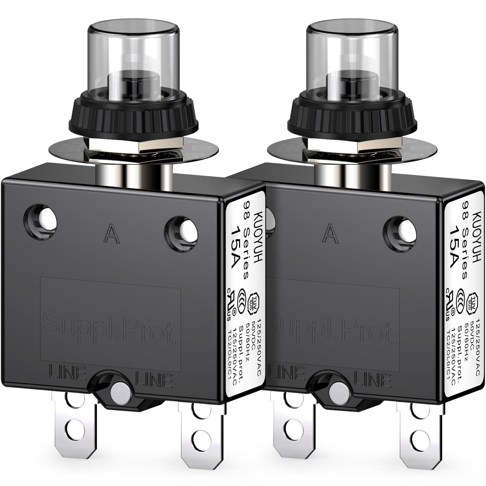 サーマルサーキットブレーカー、DIYhz 15アンペアプッシュボタン手動リセットサーキットブレーカー 32V DC 125/250VAC 50/60Hz クイックコネクト端子と防水ボタン透明キャップ付き 2個