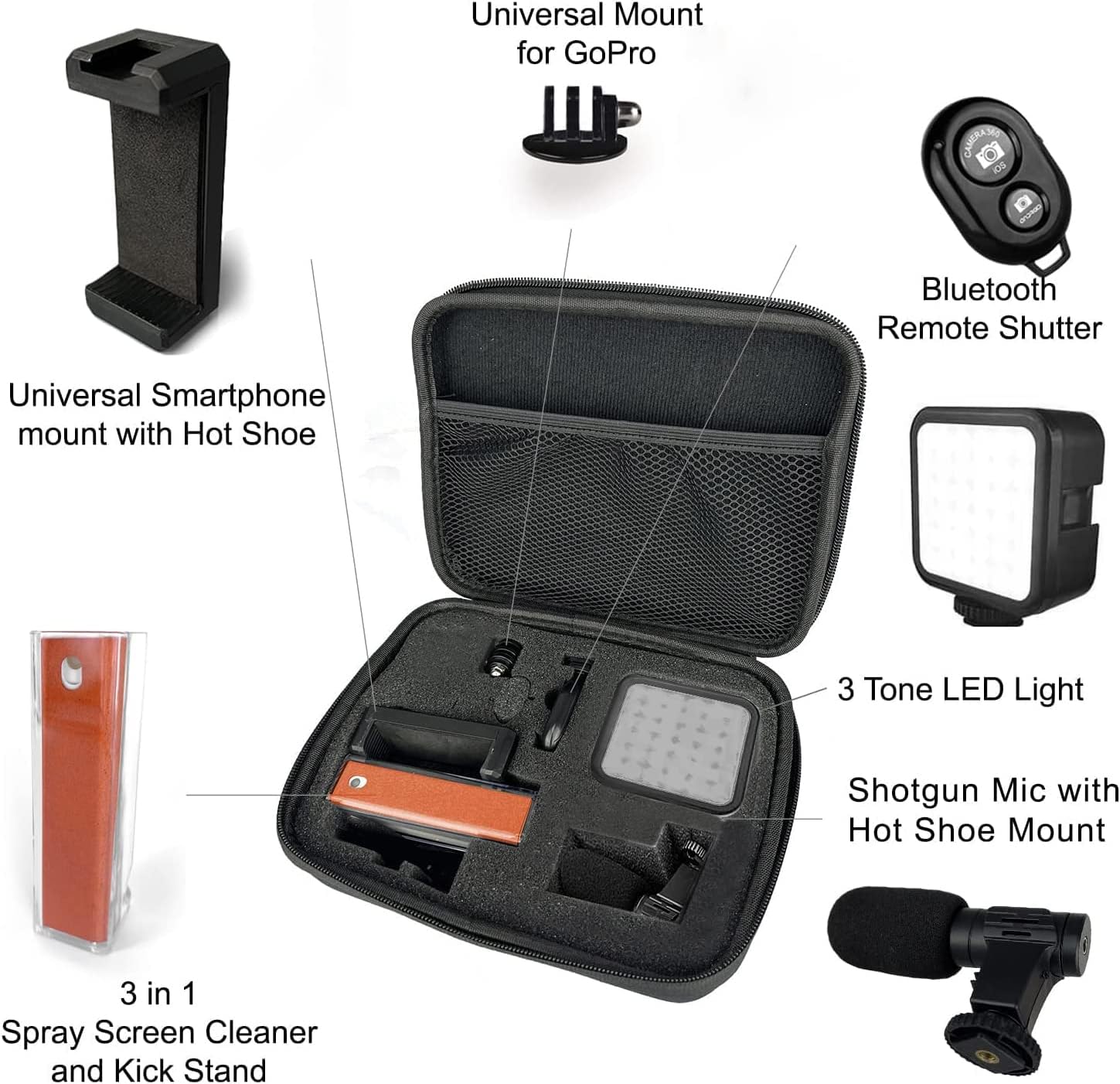 Acuvar Advanced Vlogging Kit for iPhone, Android & Cameras, LED Light, Microphone, Phone Holder, Gopro Mount, Bluetooth Remote & Screen Cleaner Stand for Live Stream Calls, YouTube, Instagram TikTok