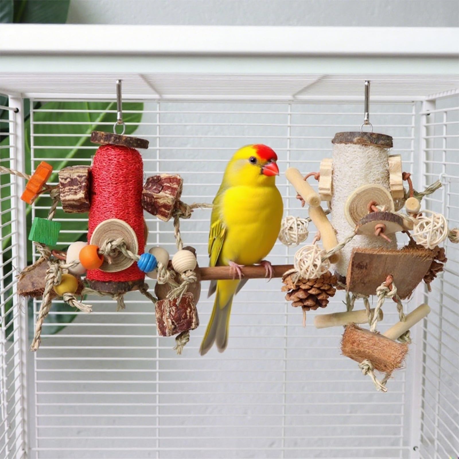Natural Loofah Parrot Chew Toy - Hanging Bird Shredding Foraging Toy with Colorful Rope, Wood Blocks & Beads for Macaws, Cockatoos, African Grey, Conures - Bird Cage Chewing Entertainment Toy. - image 5
