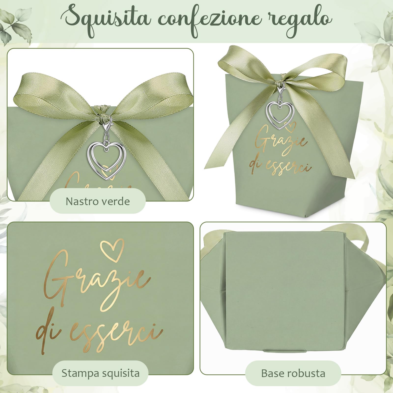 50 Set Scatoline Portaconfetti Matrimonio Bomboniere Comunione con Nastro Ciondolo Cuore Sacchetti Confetti Scatoline Regalo Battesimo Cresima Fidanzamento Nozze Compleanno Grazie(Verde Salvia)