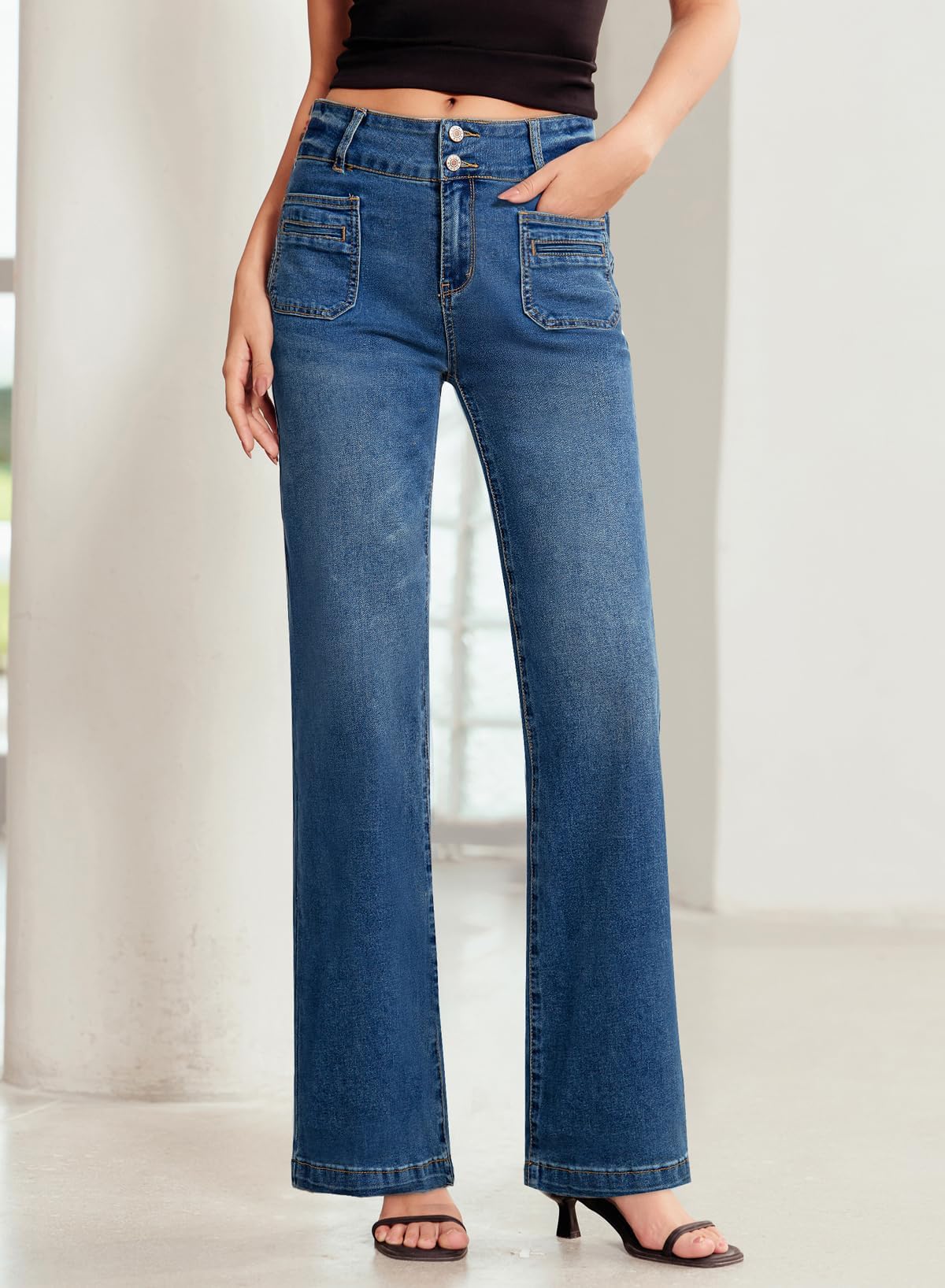 Sidefeel Women's Wide Leg Jeans High Waisted Tummy Control Stretchy Pockets Front Straight Leg Jeans