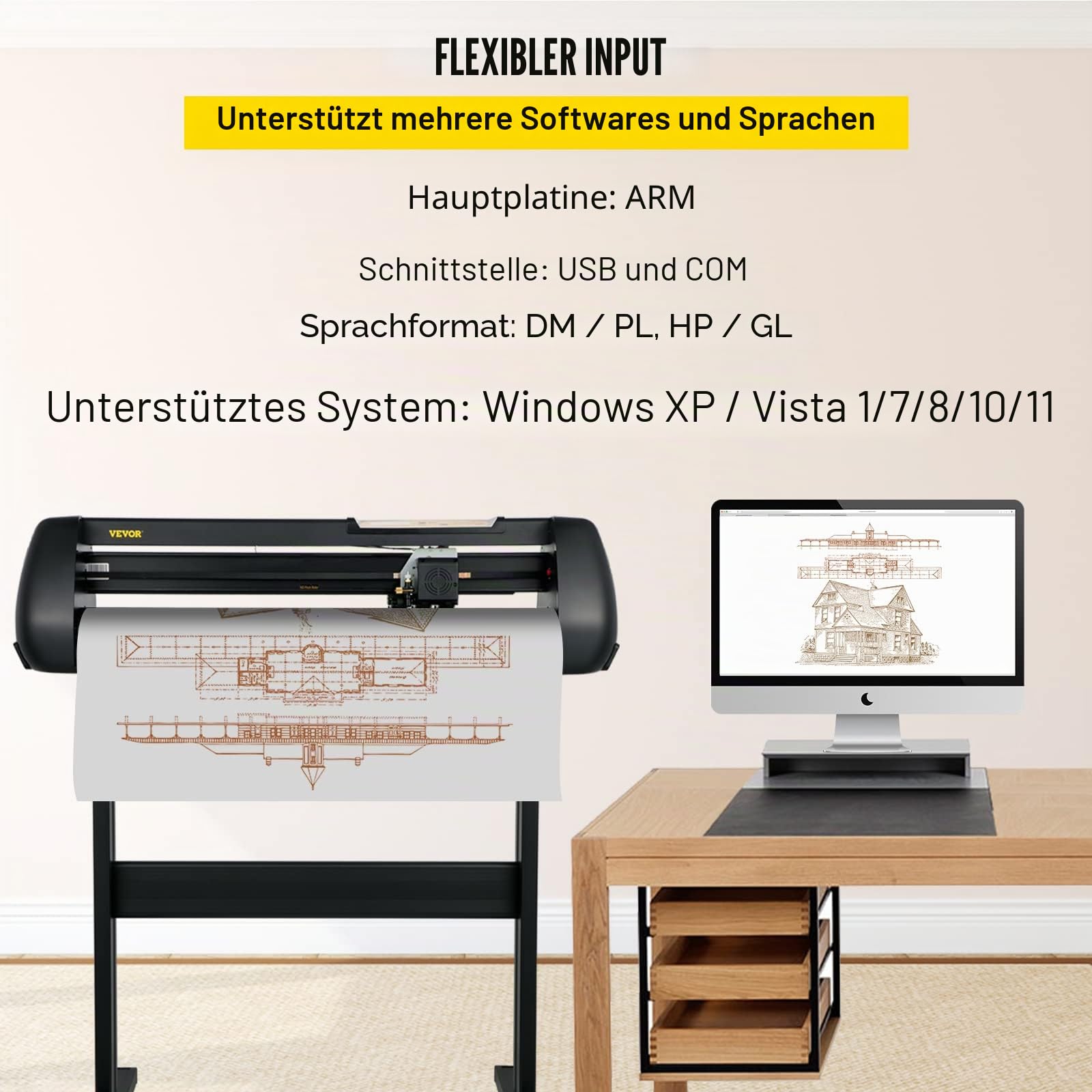VEVOR Vinyl Schneidemaschine Schneideplotter 720 mm SignMaster Bodenständer, Schnittkraft 10-500 g, Schrittmotor, fünf Vinylrollen, 16 MB, 13,5 kg, Schwarz, 95 x 52 106 cm