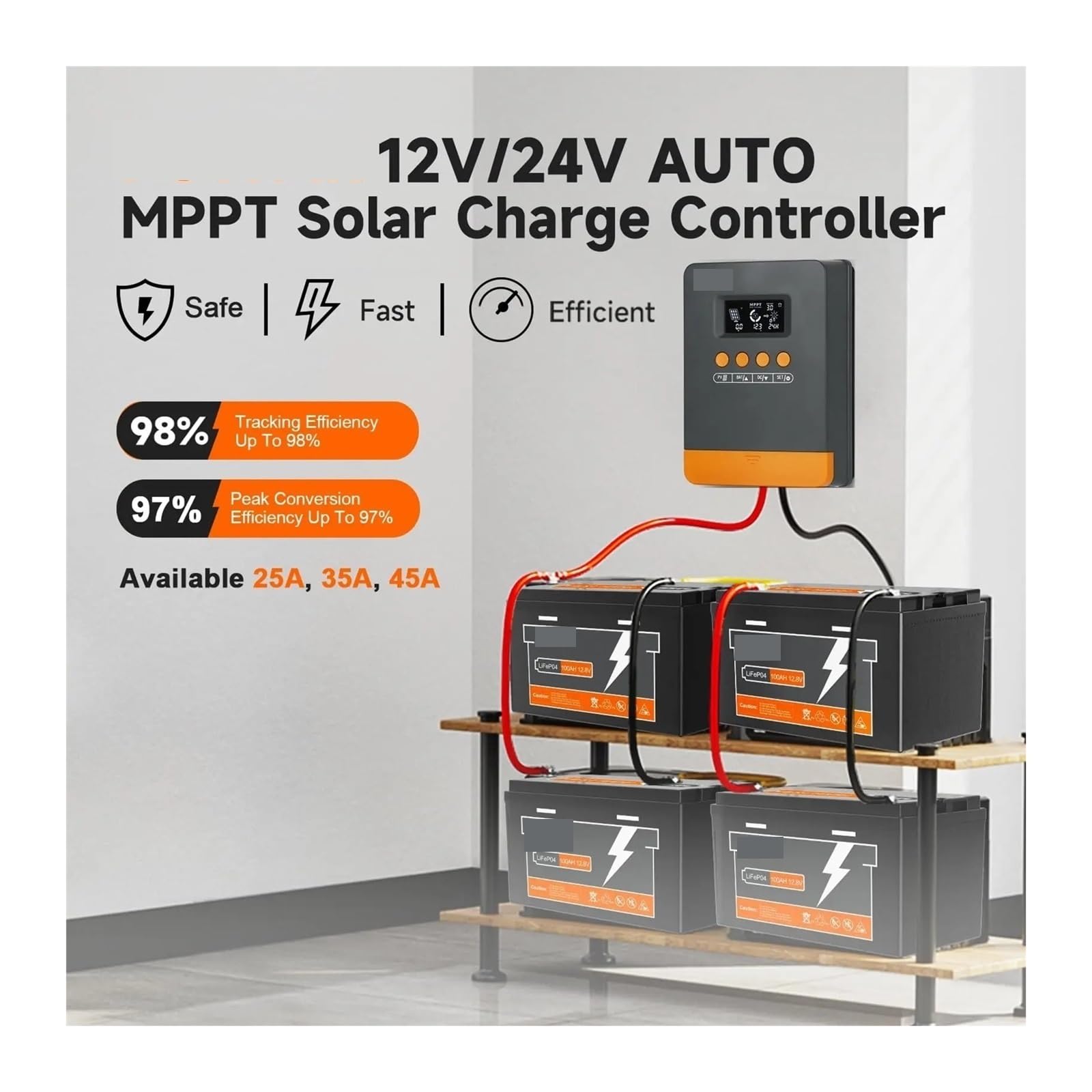 controlador de carga solar, Controlador De Carga Solar MPPT 20A 25A 30A 35A 40A 45A For 12V 24V, Regulador Batería Ácido/litio, Retroiluminación LCD(20A)