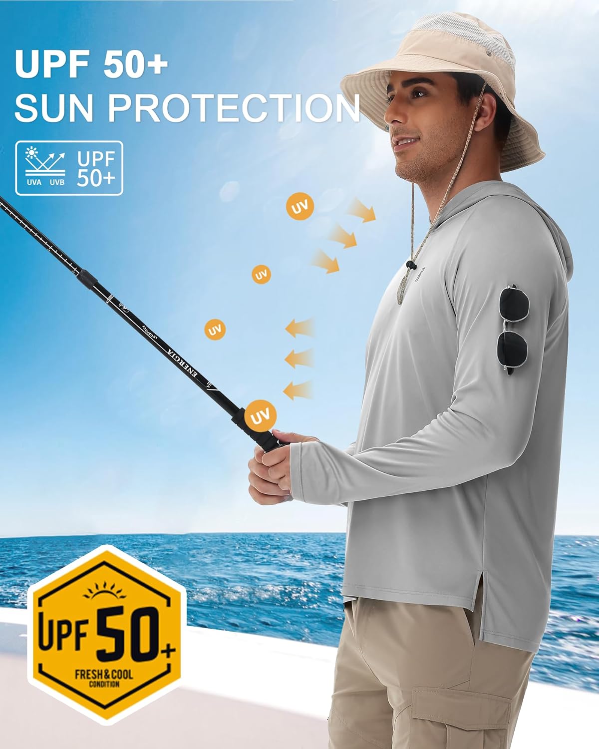 Runhit UPF 50+ Fishing Shirts for Men, Long Sleeve Sun Protection Lightweight Hoodie, UV Hiking Running Rash Guard - Image 2