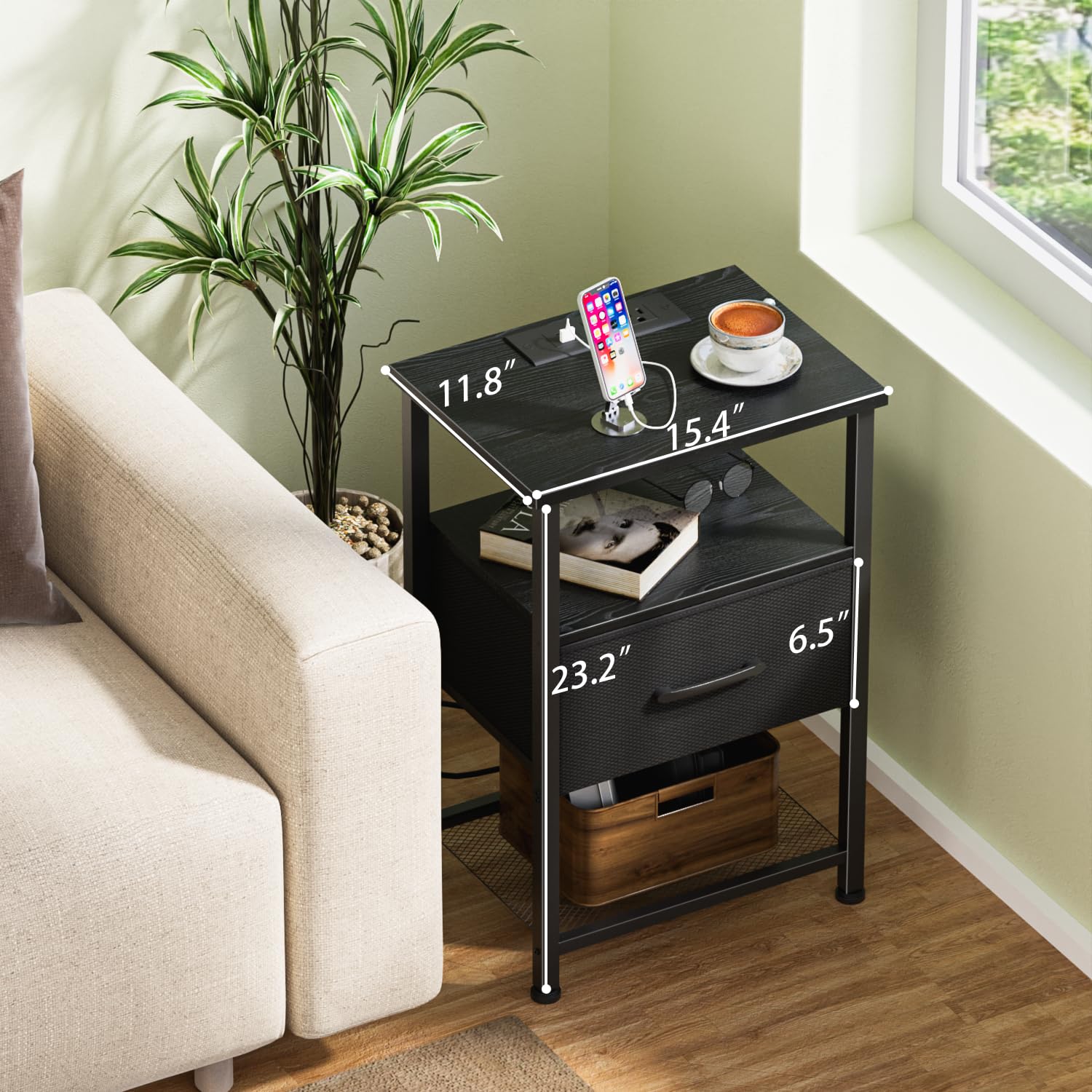 LAKEMID Nightstand with Charging Station and Drawer, End Table Bedside Table with 20 Colors LED Light Strip and 2 Layers Shelf for Bedroom Living Room Sofa Couch, Black