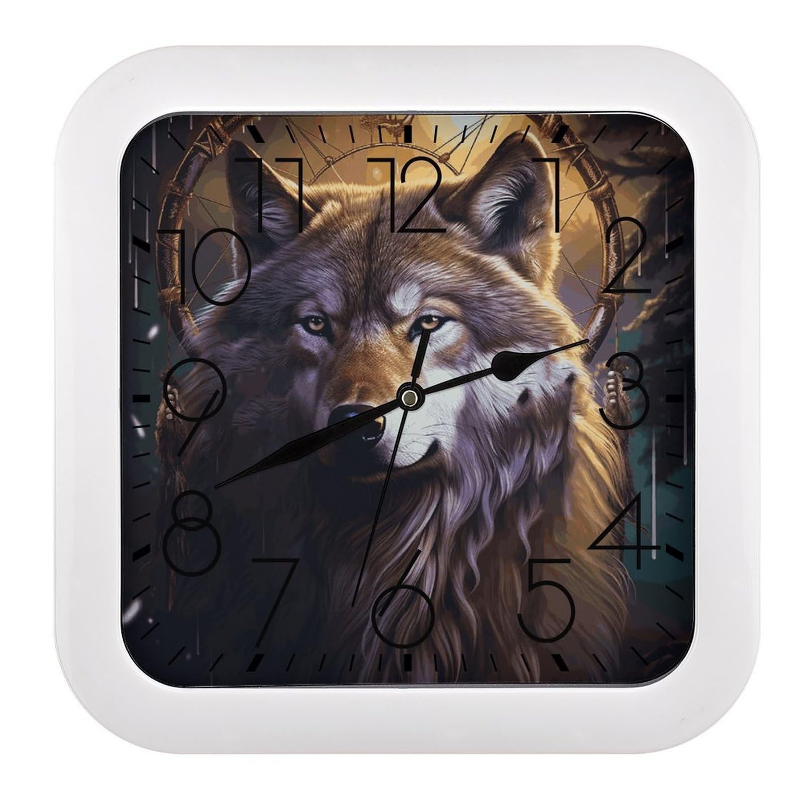 FekiLoot Wolves and Dream Catchers Wall Clock 10.2" Modern Farmhouse Square Clocks Silent No Ticking, Wall Art and Timepiece Clock for Shelf Table Mantel Or Bedside Clocks