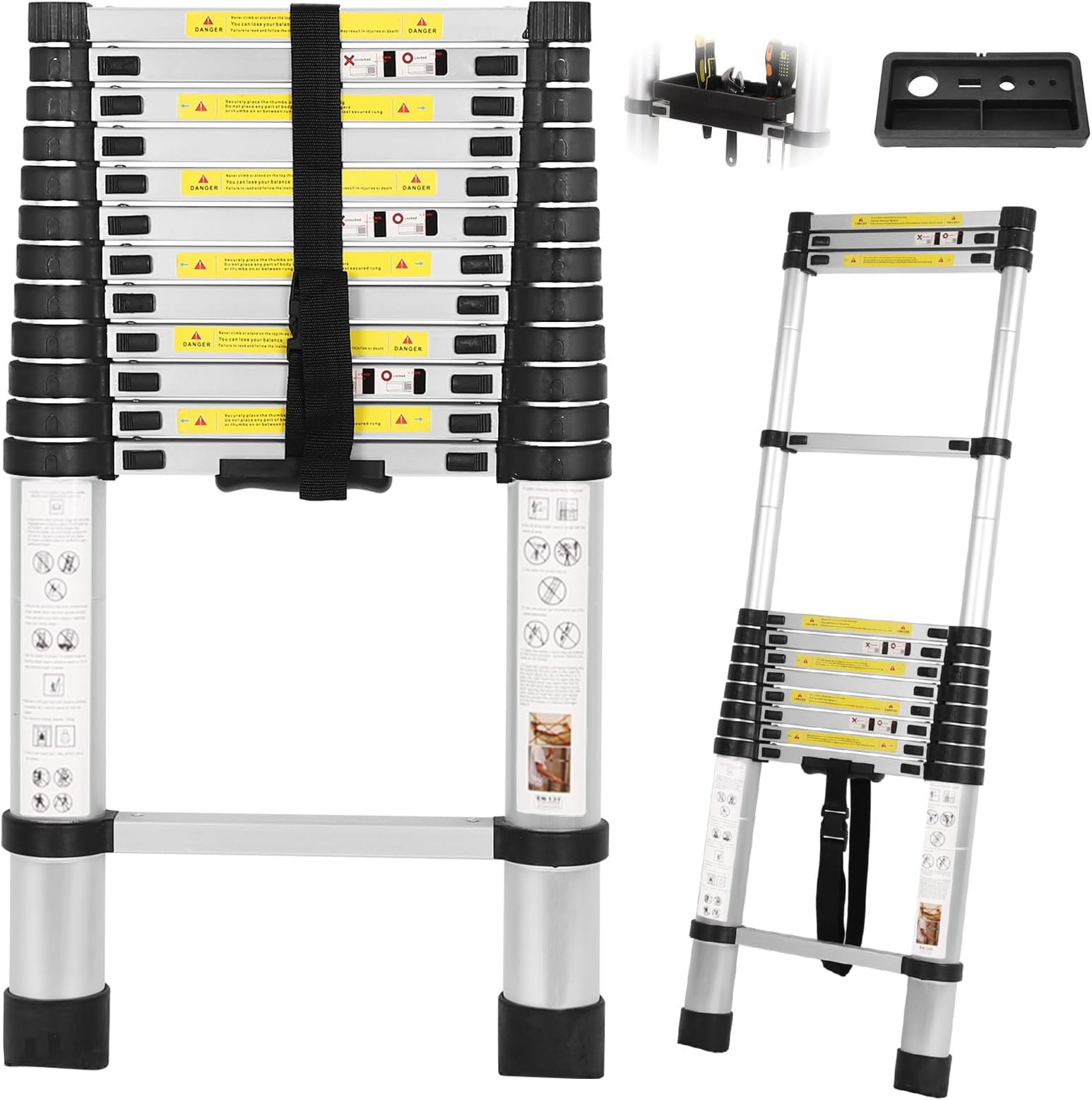 12.5FT Telescoping Ladder, Aluminum, Multi-Purpose Extension Ladder with Tool Tray, 16 Steps, Silver