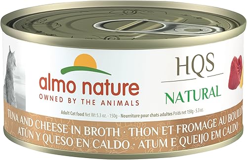 almo nature HQS Atún y queso natural en caldo, sin granos, sin aditivos, comida húmeda enlatada para gatos adultos, triturada, 24 x 5.29oz5,29 onzas
