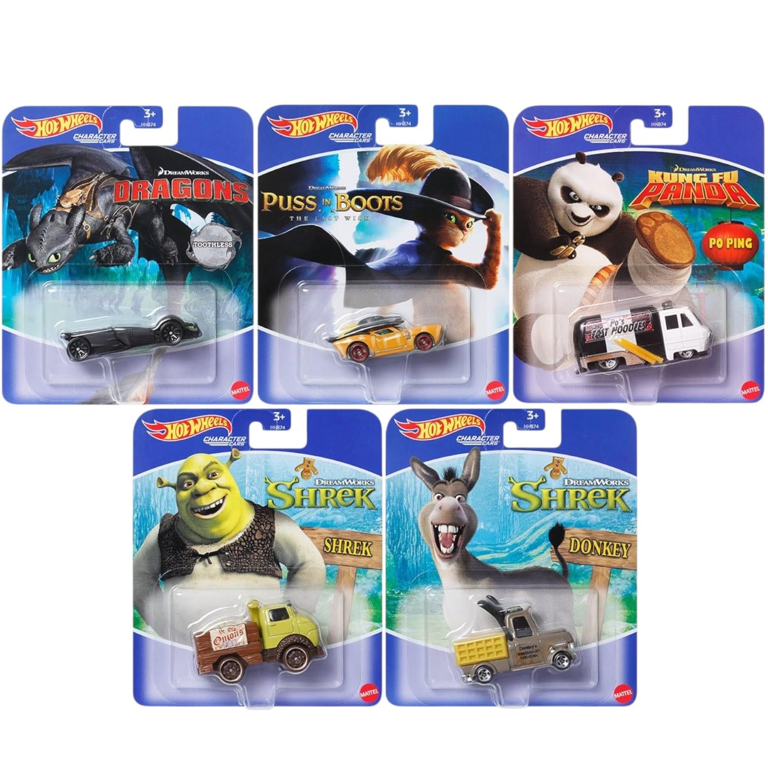 Hot Wheels DreamWorks Character Cars Collection Set, 5-Pack, Dragons, Puss in Boots, Kung Fu Panda, Shrek, Ages 3+ HHB74-956M