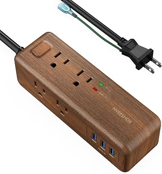 NVEESHOX Power Strip with USB, Extension Cord 2m, Lightning Guard, USB Outlet, 8 AC Outlets, 3 USB Ports, NVEESHOX Mini Model, Tabletop Tap, Multi-Outlet, Octopus Wiring, Bulk Switch, Safety