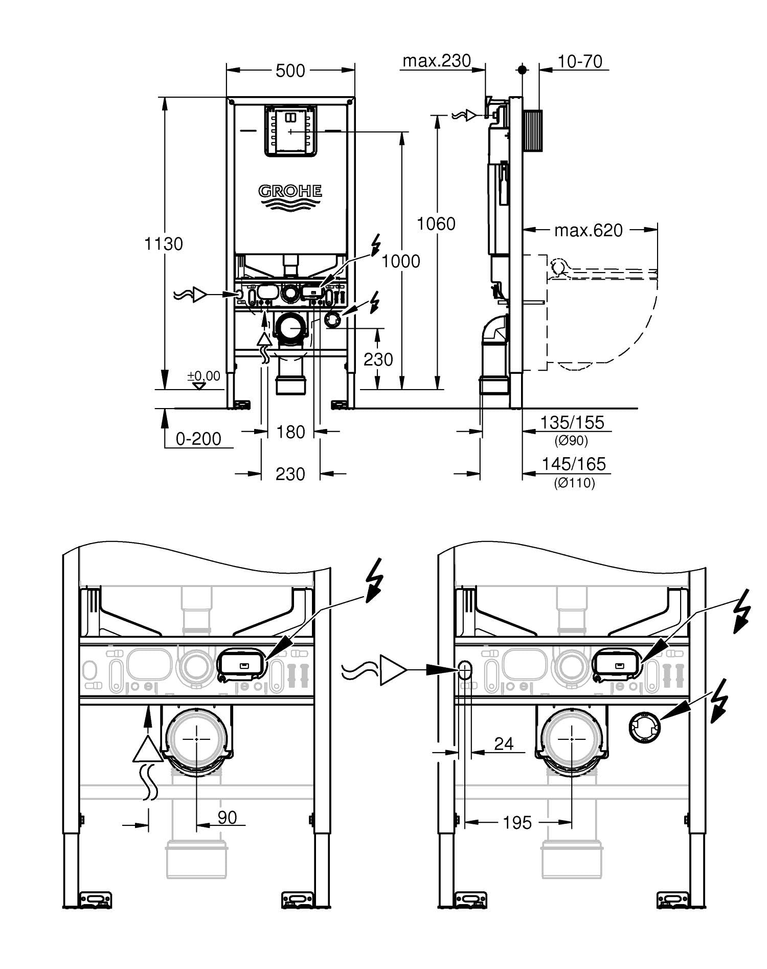 GROHE Rapid SLX Pack bâti WC 4 en 1, Prise de courant intégrée, WC lavant complet Sensia, Supports muraux, Set d'isolation phonique pour WC, Régulateur de débit inclus, 36509SH0