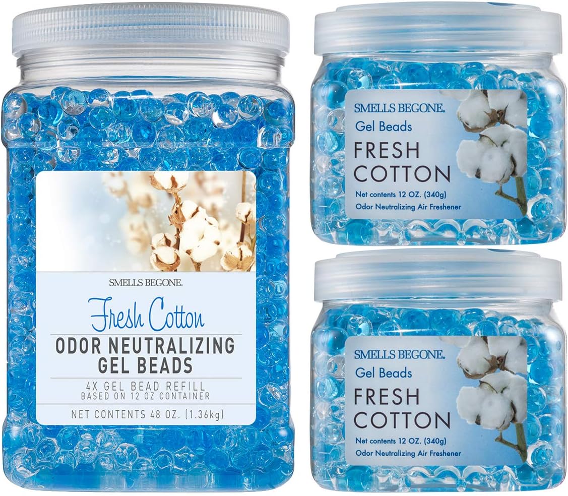 Odour Eliminator Gel Bead Value Pack - Air Freshener - Made with Essential Oils - 2 x 12 Ounce + 48 Ounce Refill - Fresh Cotton Scent