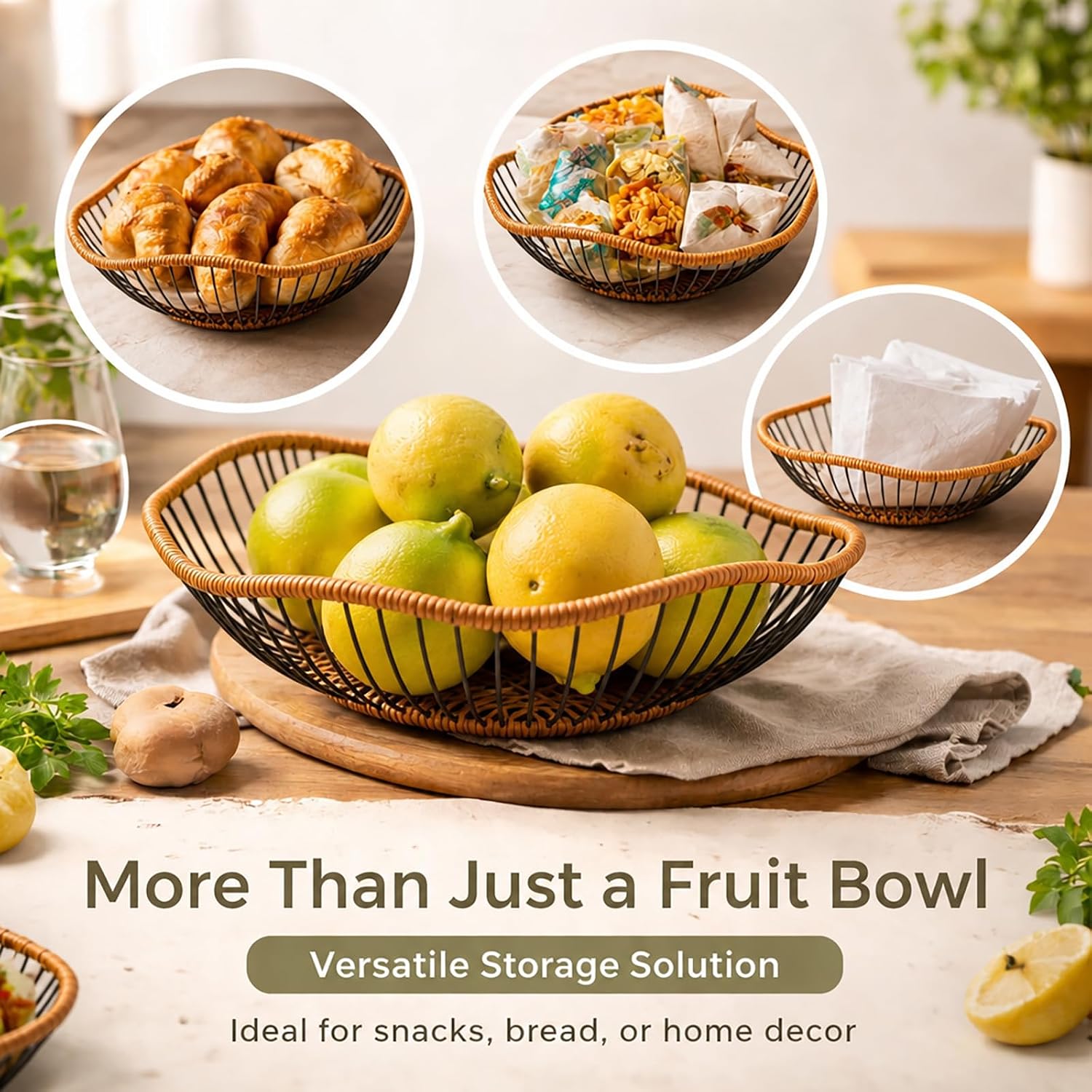 Fruit Bowl Set of 2 - Woven Wire Fruit Basket for Kitchen Counter, Decorative Metal Storage Basket for Fruits & More