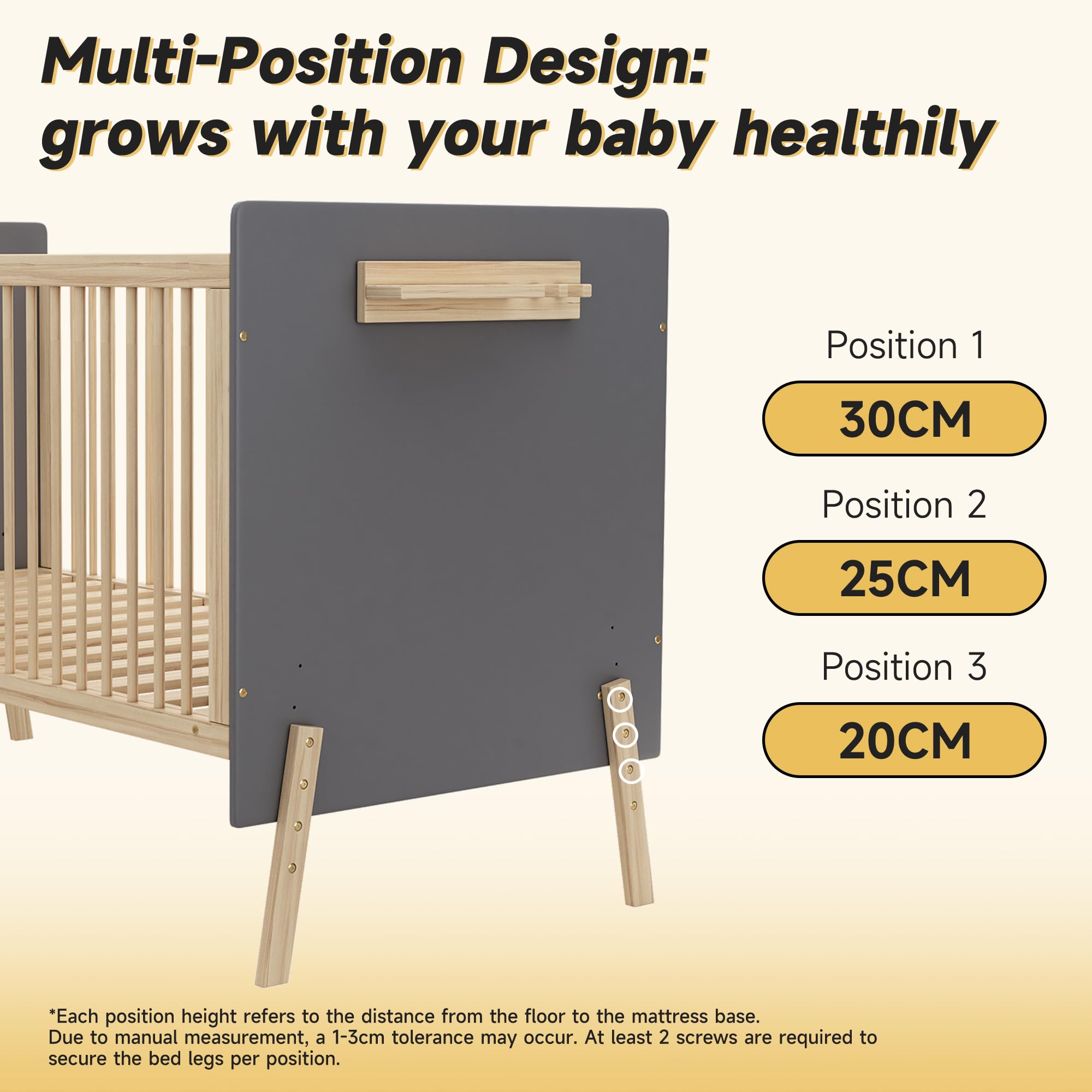 SUKY Verstellbares Massivholz Babybett, mit DREI-stufiger Höhenverstellung, umweltfreundliche Lackierung, als Anschlussbett/Sofabett nutzbar, ohne Matratze, Blaugrau + Naturholzfarbe, 140 * 70 * 86cm