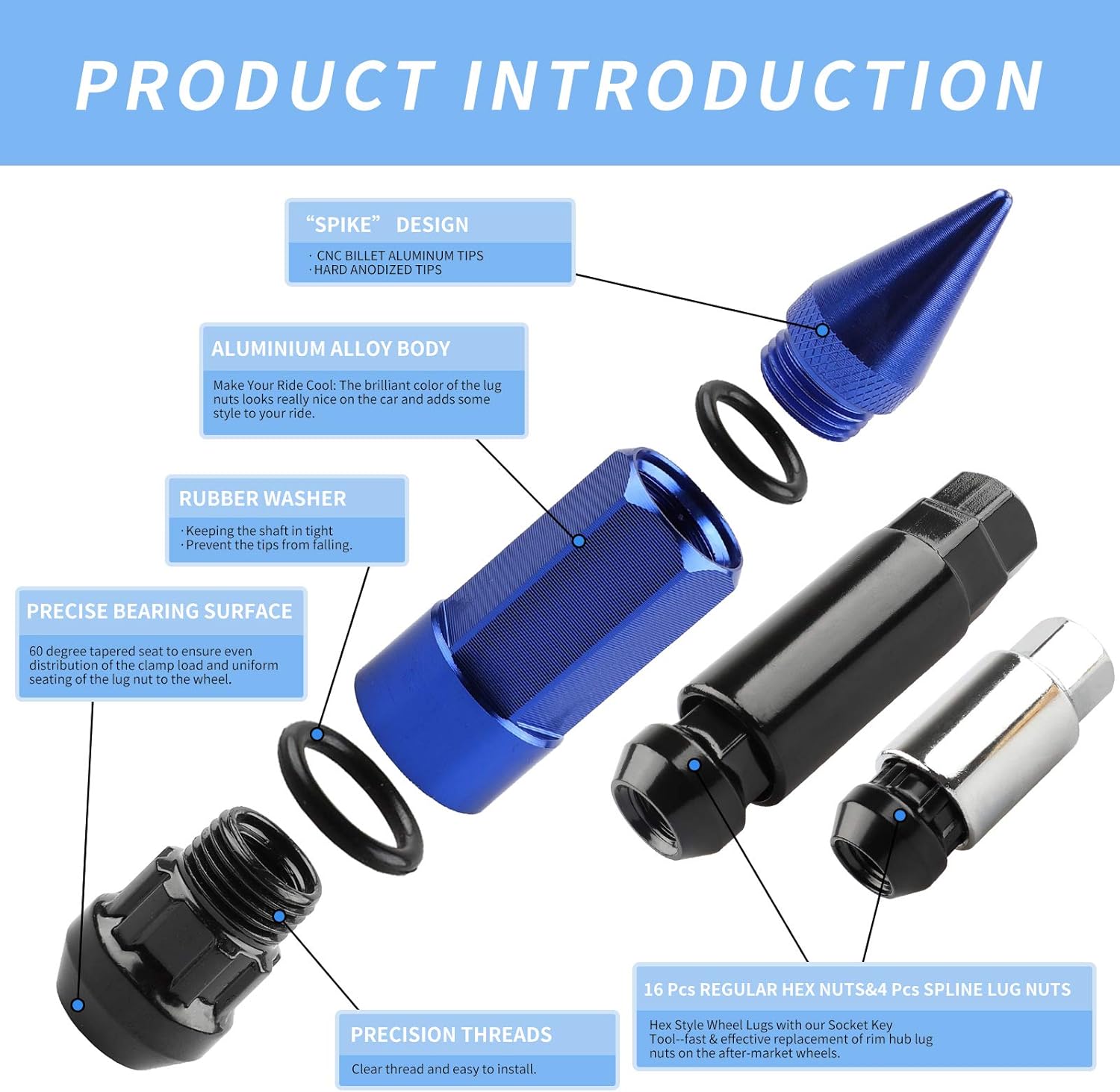 20Pcs Anti Theft Spikes Extended Tuner Wheel/Rims Lug Nuts with Wheel Locks M12X1.5+Socket (Blue)