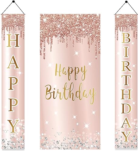 Pancarta de feliz cumpleaños de oro rosa rosa para mujer, cubierta de puerta de feliz cumpleaños y suministros de fiesta de porche, gran decoración