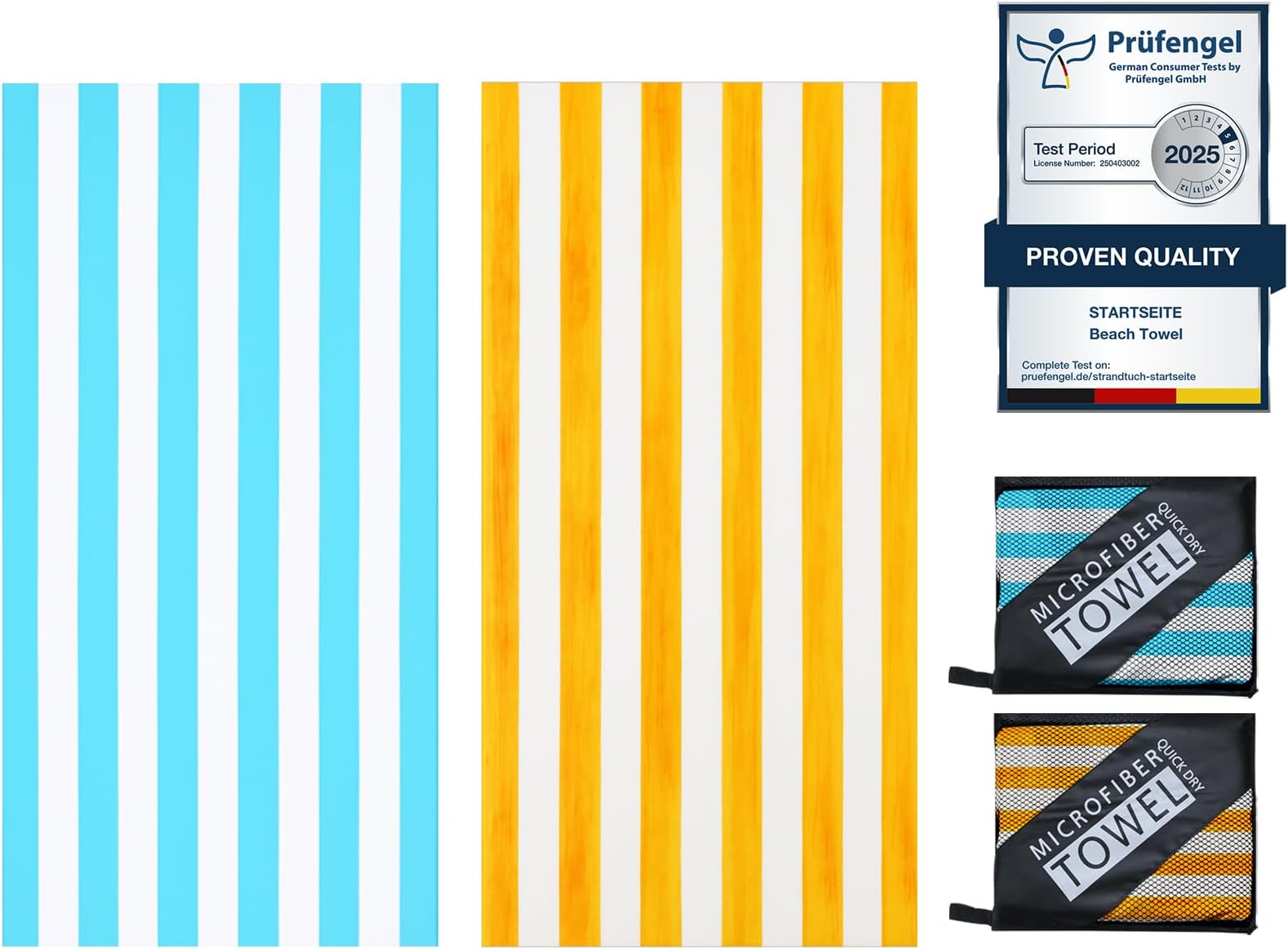 Microfibre Beach Towels for Adults - 2 Pack 180x100cm Lightweight Beach Towel Extra Large, Sand Free & Quick Dry Beach Towel Extra Large for Travel, Swim, Sports(Yellow and Blue Stripes)