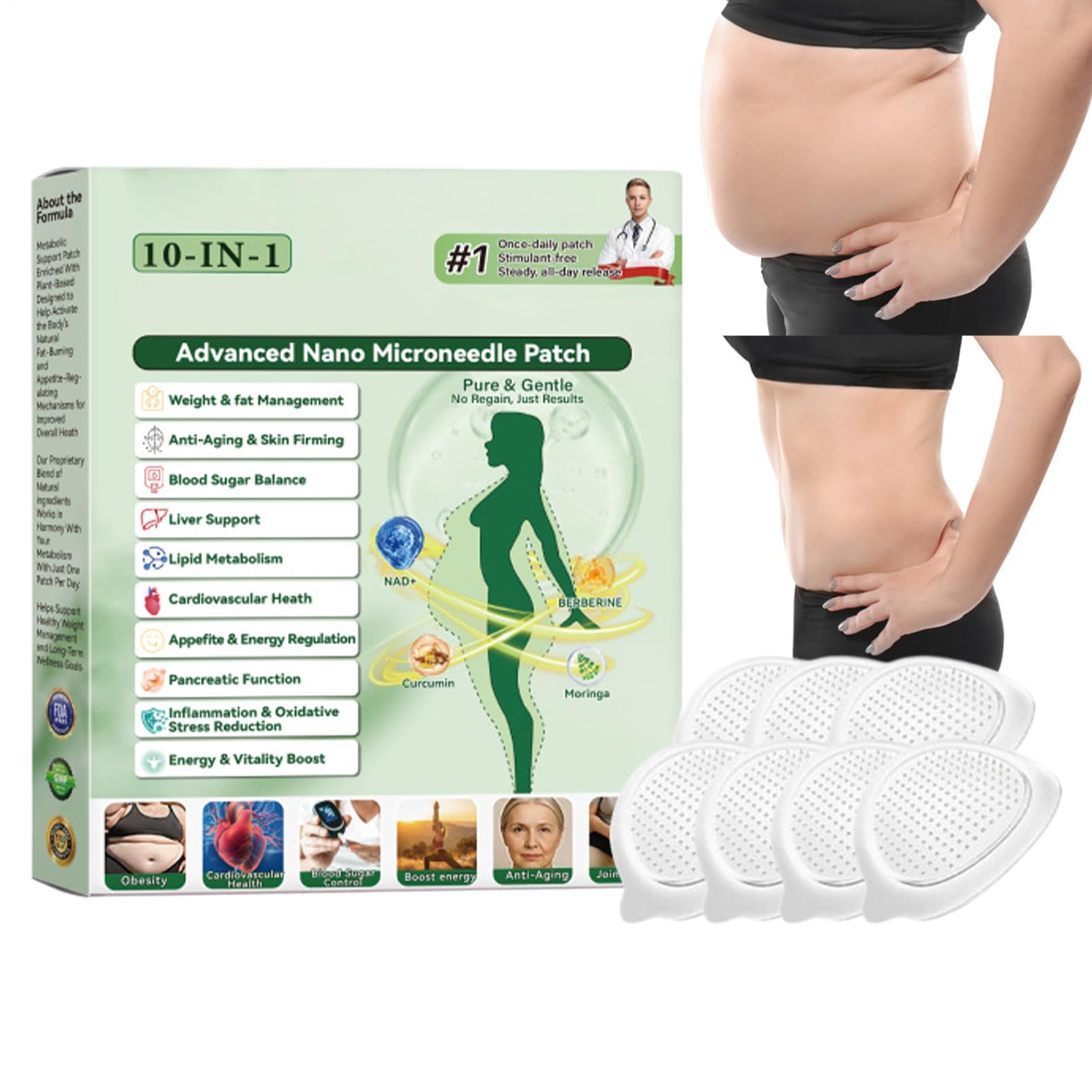 Healrize Moringa Berberinex Nad+ 10 w 1 nano-igłowe plastry odchudzające, naturalne nano-igłowe plastry napinające, ujędrniające skórę, dla mężczyzn i kobiet