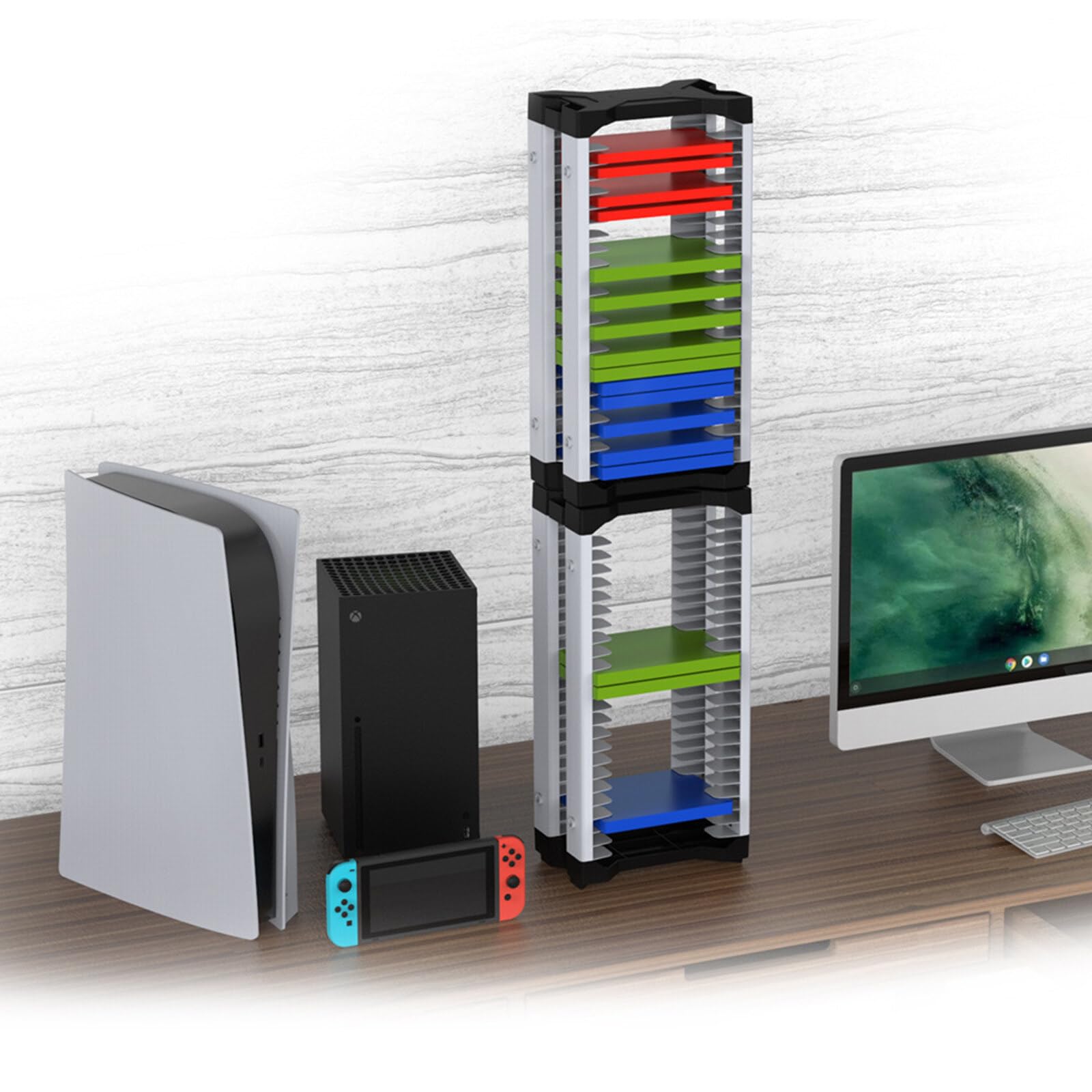 SunshineFace Torre de Almacenamiento para PS5/PS4/PS3/Xbox Con 2 Ganchos para Auriculares Gamepad, Almacena Hasta 23 Fundas de Disco, Blanco y Negro