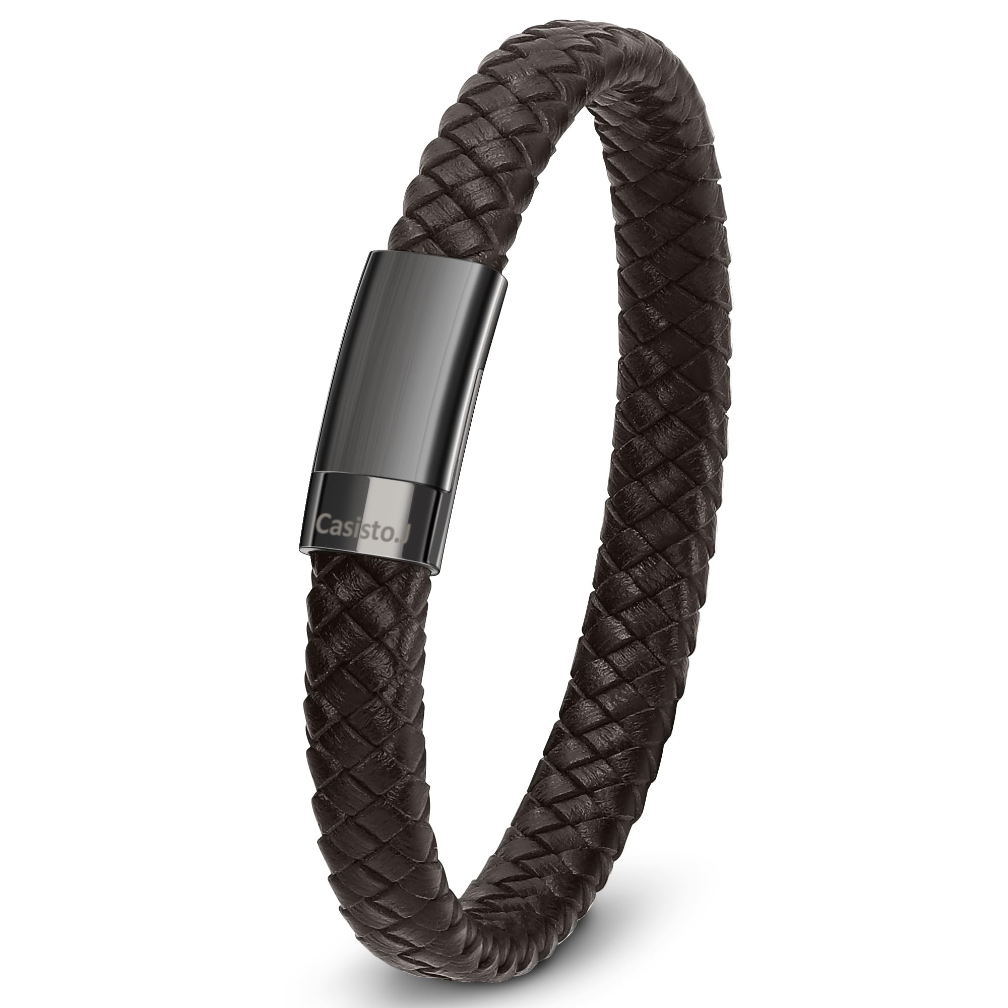 Casisto.J Pulseras Hombre Cuero, Pulseras de Cuero Auténtico Trenzado con Cierre Magnético de Acero Inoxidable, Brazalete Hombre, Regalos Aniversario Pareja