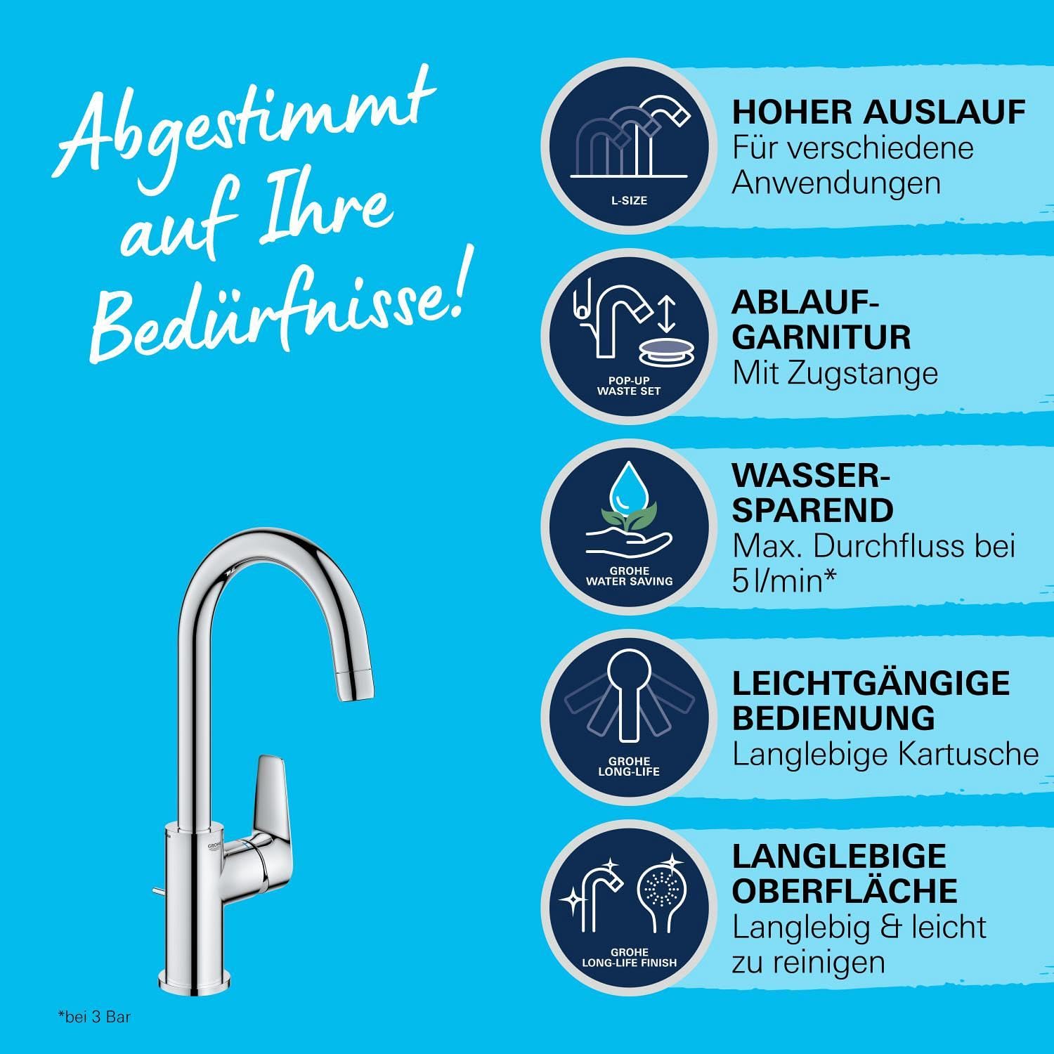 GROHE StartEdge, Waschtischarmatur hoch, wassersparend (Wasserhahn für das Bad, Badarmatur mit Zugstangen-Ablauf, 31cm hoch, mit 3in1 Werkzeug, einfache Installation am Waschbecken), chrom, 24201001