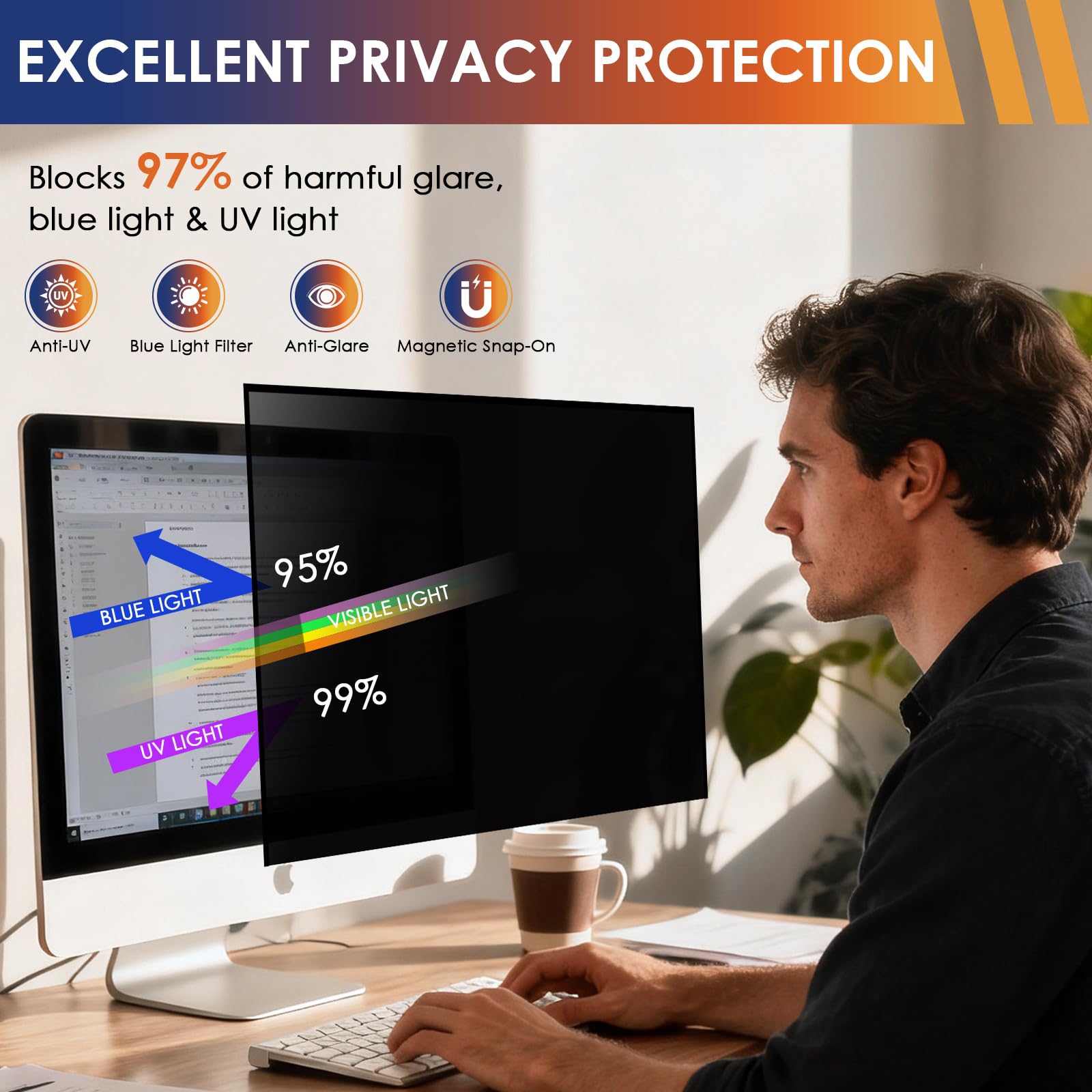 SOPPY Protector de pantalla magnético de privacidad para computadora de 23.8 pulgadas para monitor 16:9, filtro privado extraíble de 23.8 pulgadas para bloqueo antirreflejos de luz azul, protector de