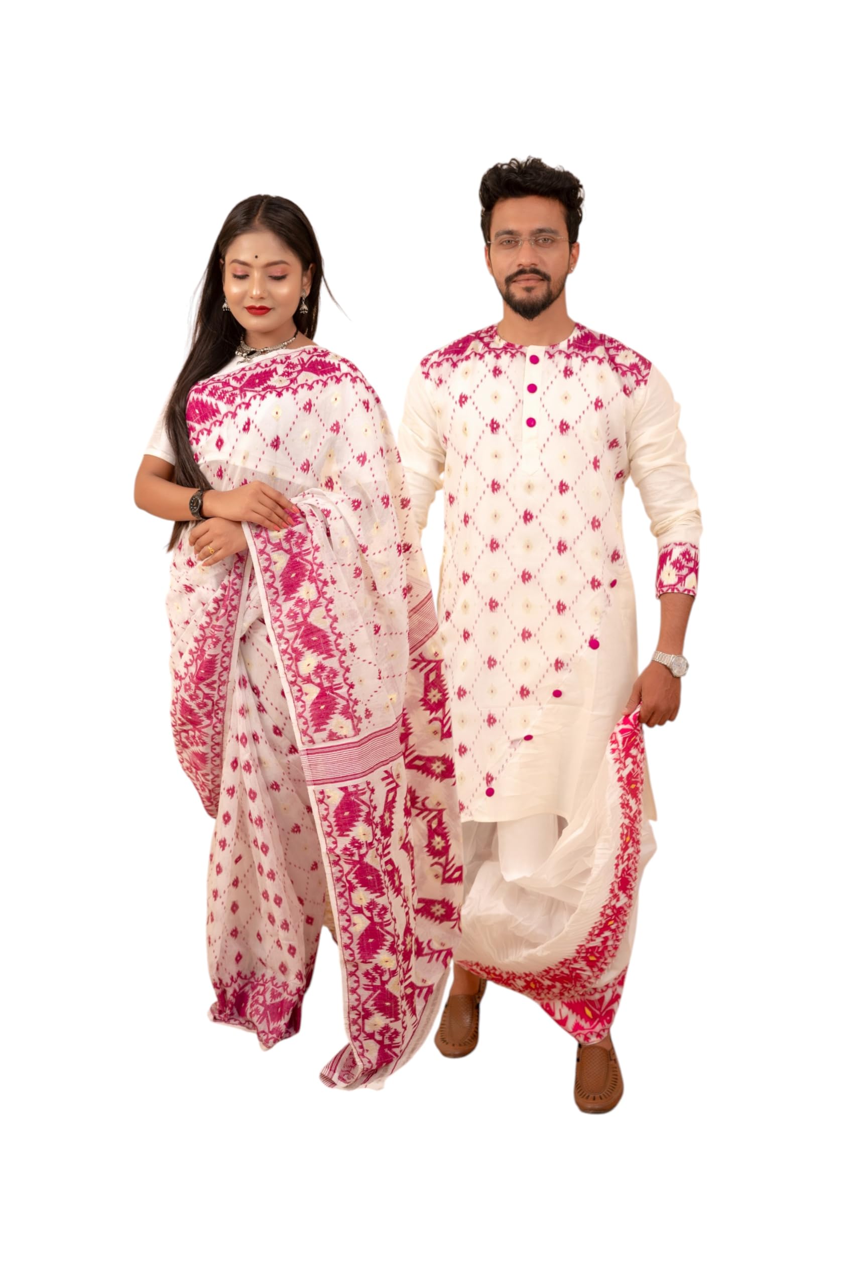 Traditional Dhakai Jamdani Couple Set – Cotton Saree Without Blouse & Men’s Kurta (Purple White)-picture-12