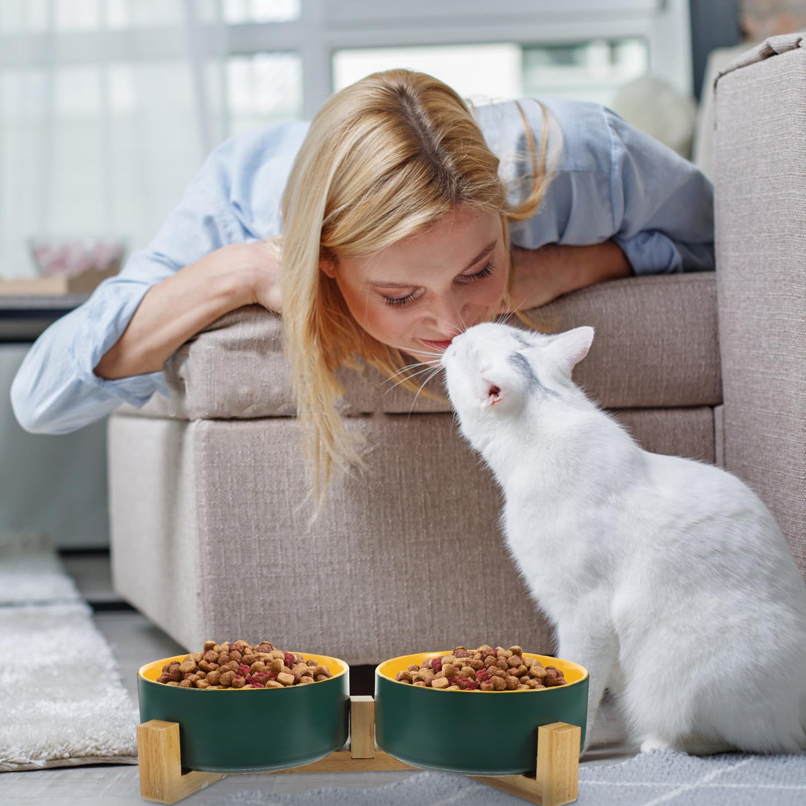 ibasenice Gamelle Surélevée pour Chat en Céramique Mate avec Support en Bois, Double Bol Pratique et Facile à Nettoyer pour Animaux Domestiques