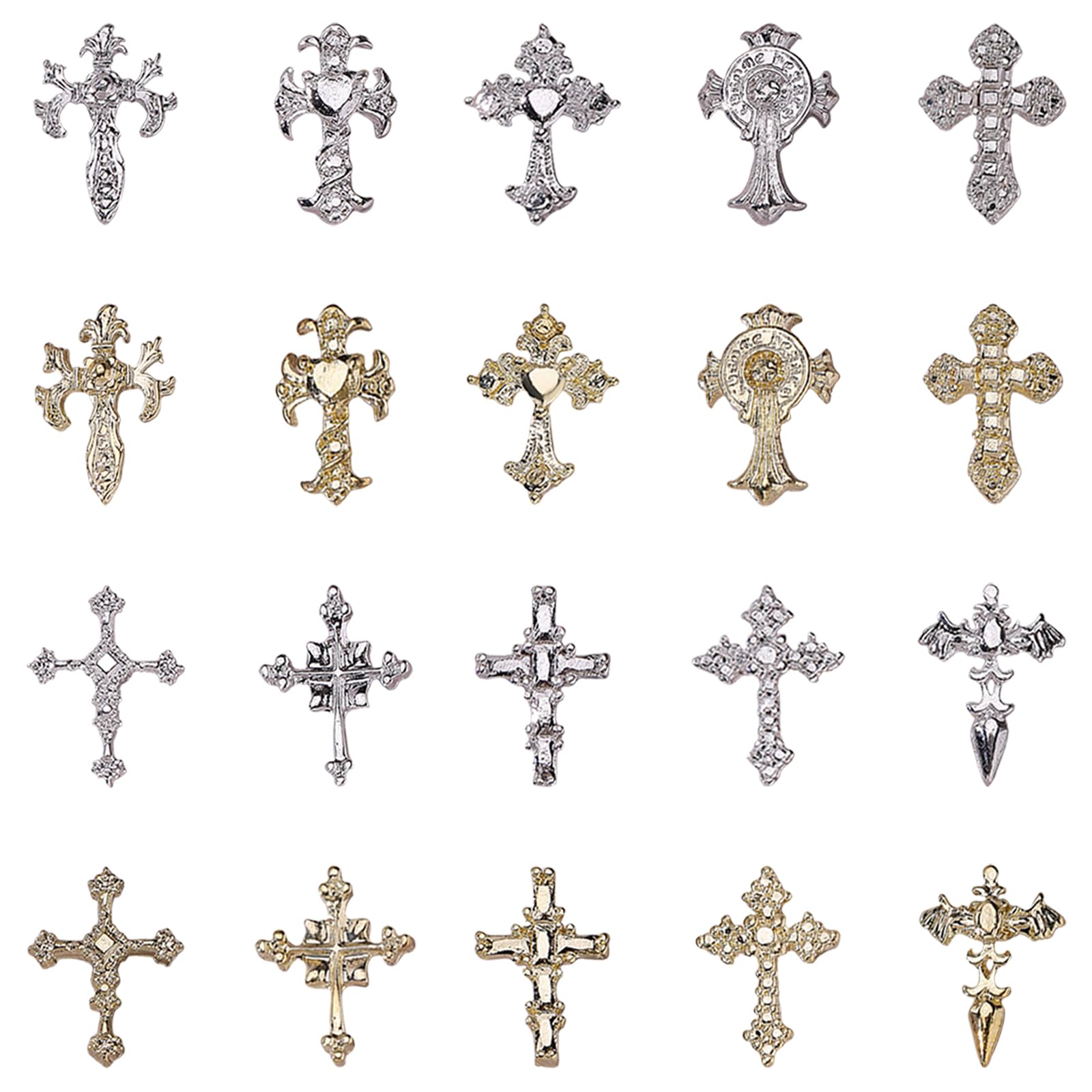 Cross Nail Charms,80Pcs Gold Silver Metal Cross Charms for Nails,3D Nail Studs and Rhinestones for Manicure Design Decorations DIY Crafts (D Gold Silver)