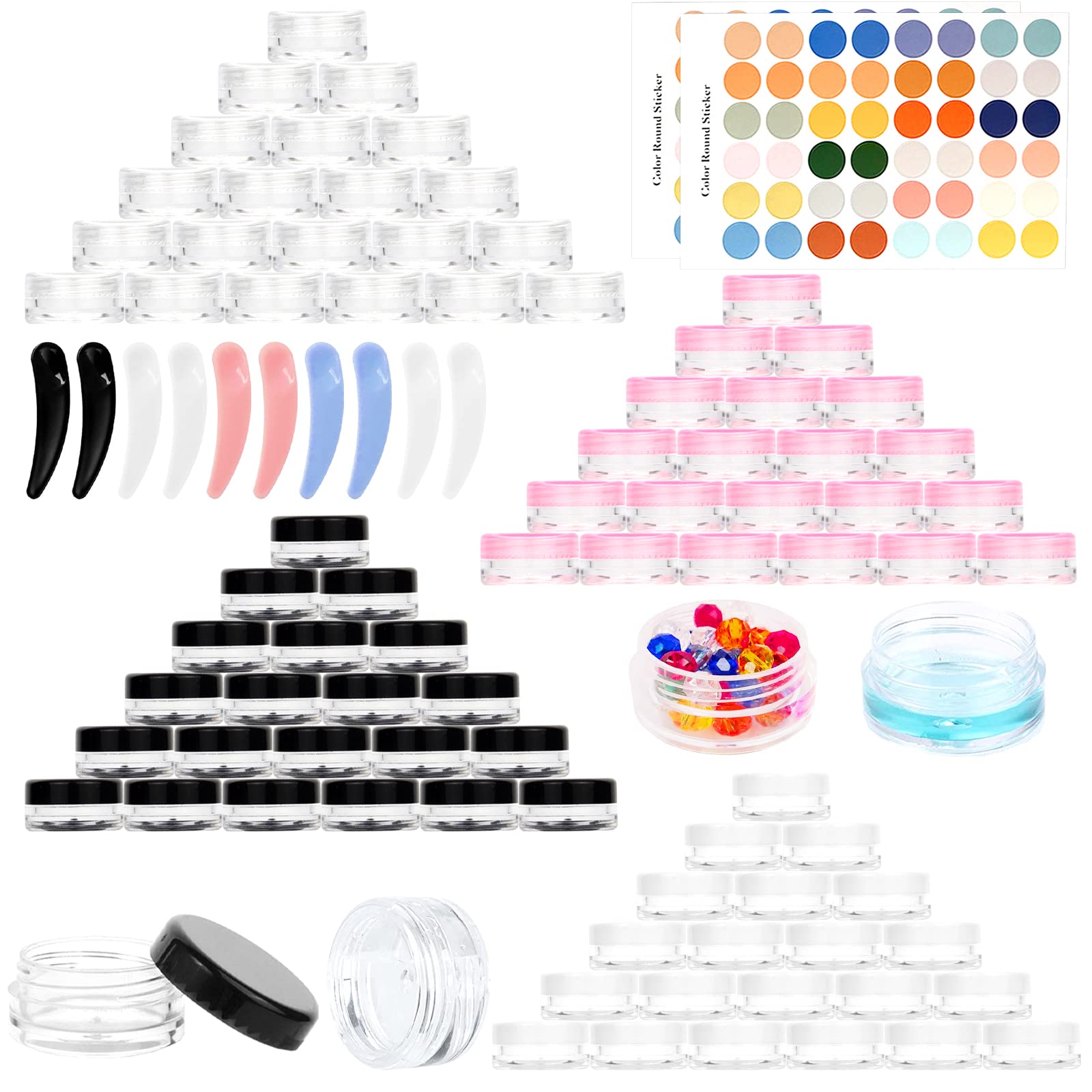 RUIJIE 100 Pezzi Vasetti Plastica 3g/3ml Contenitori Piccoli Barattolo Cosmetici Vuoto Viaggio Contenitore Cosmetico con 10 Mini Spatola & 96 Etichetta per Crema Balsamo Labbra Campione Trasparente