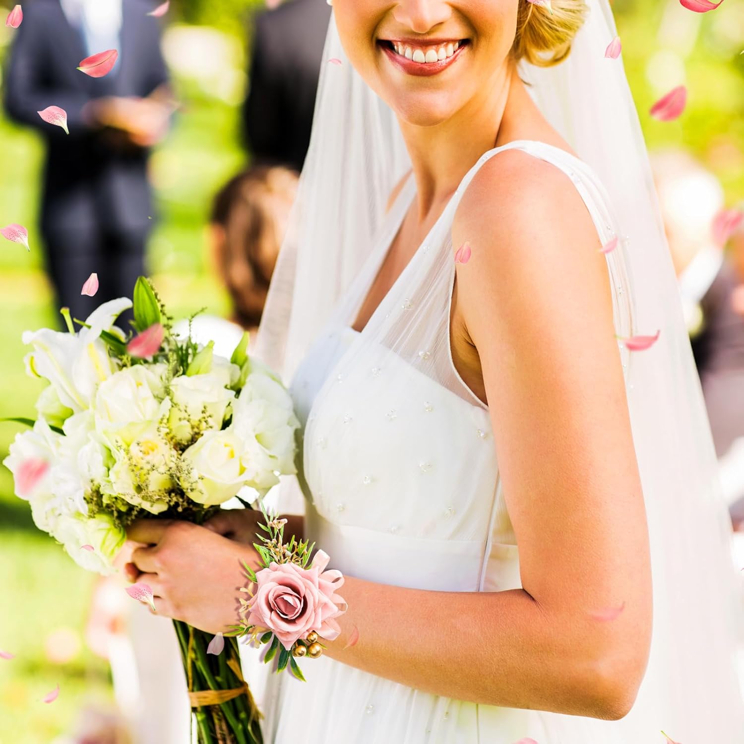 2 Pcs Pink Rose Wrist Corsage and Boutonniere Set, Rose Corsage Hand for Women, Boutonniere for Men Wedding Artificial Flowers Accessories Prom Decor, Wedding Party Accessories (Pink) - Image 3