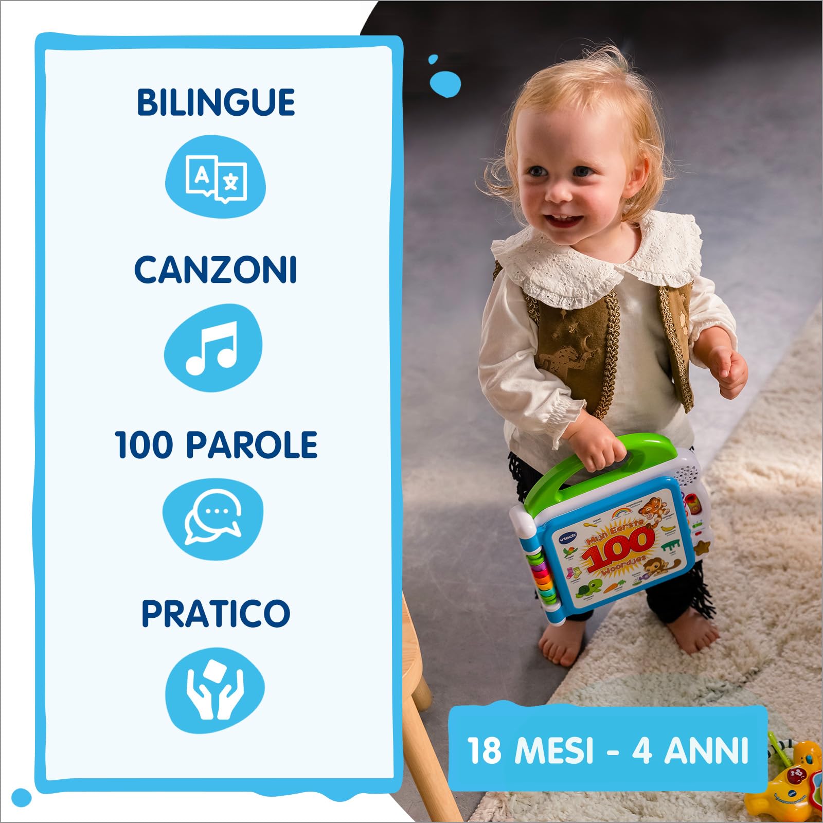 VTech Il Mio Primo Libro Illustrato - Le Mie Prime 100 Parole, Libro Bilingue per Bambini, Libro Sensoriale in Italiano e Inglese, Libro Neonato con 3 Modalità, Batterie Incluse, 18 Mesi - 4 Anni