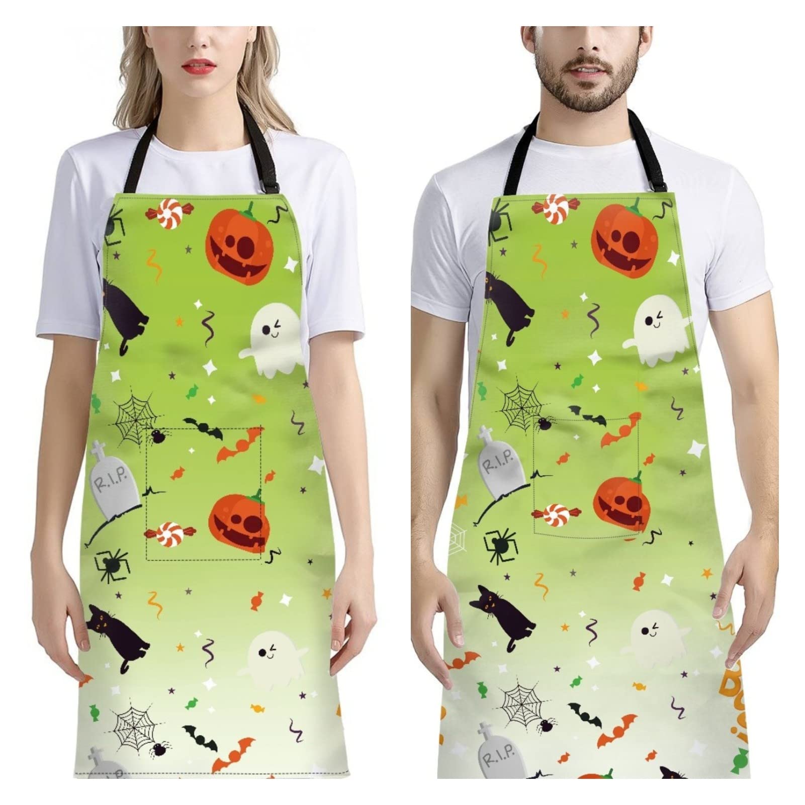 Dajingkj Aprons with Pockets Straps for Women Men 2 Pack Halloween Pumpkin Witch Bat Theme Adjustable Waterproof Long Apron for Cooking Baking Gardening Gifts for Grandma Mother Wife