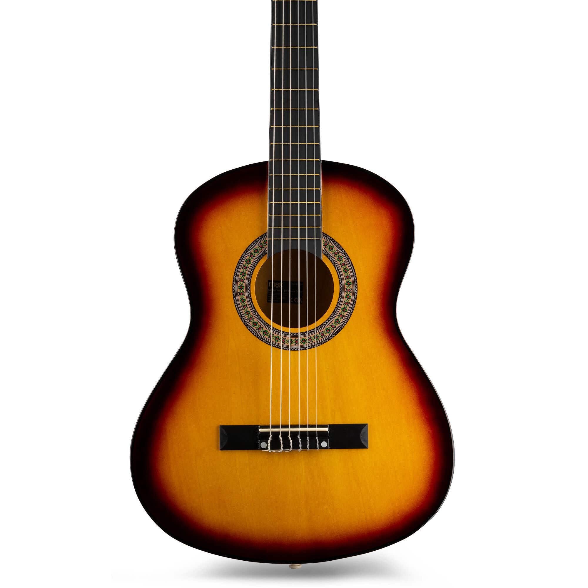Max SoloArt Pack Guitare Classique Junior 3/4 - Sunburst, Cordes en Nylon, 8 à 12 ans, Sac de Transport, Médiators, Sangle, Support Guitare, un Cadeau pour Enfants Idéal pour Débuter la Guitare