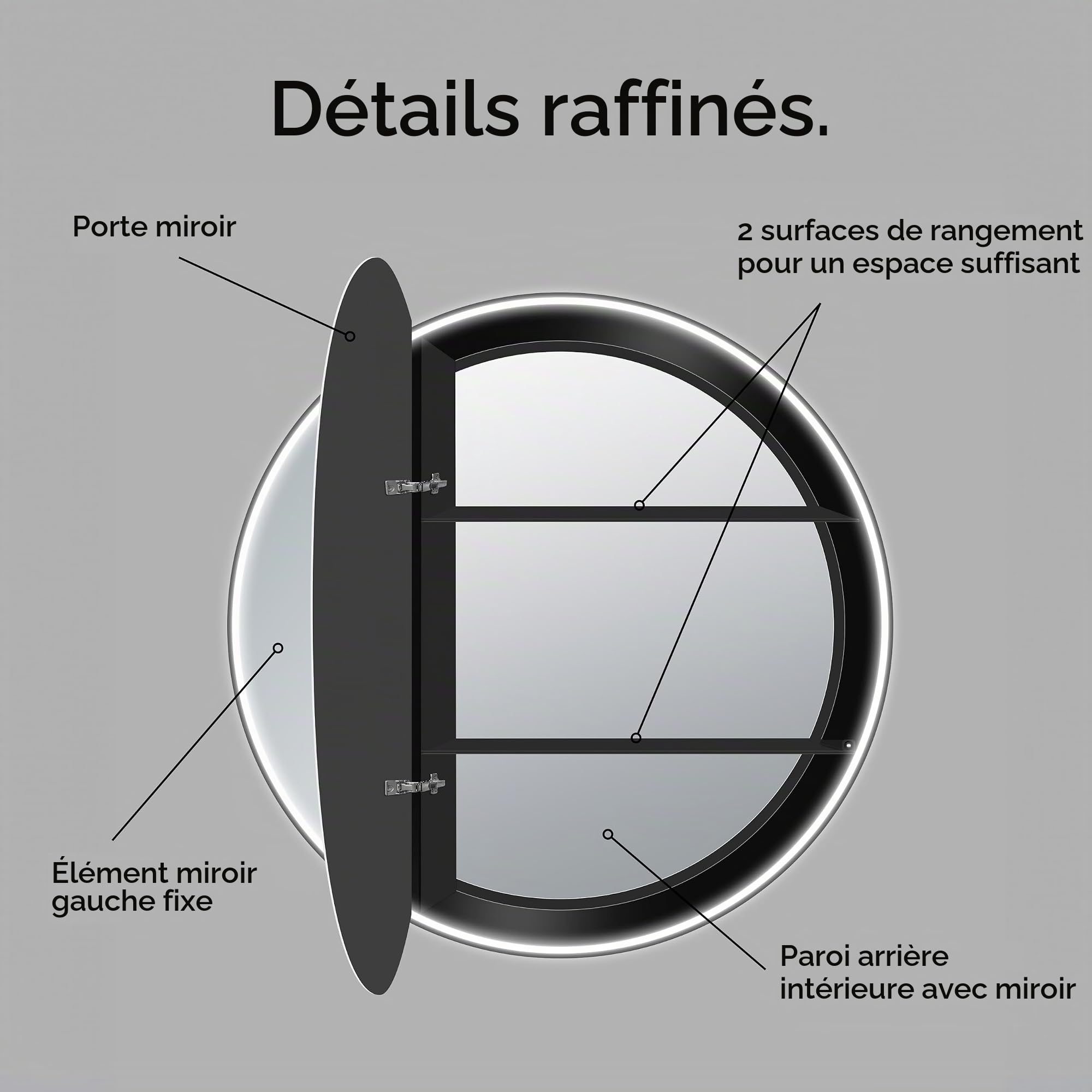 Armoire de Toilette Lumineuse Talos Black Nova Ø80 cm Noir - Meuble de Salle de Bain avec Miroir et 2 étagères - Aluminium - Fond Miroir