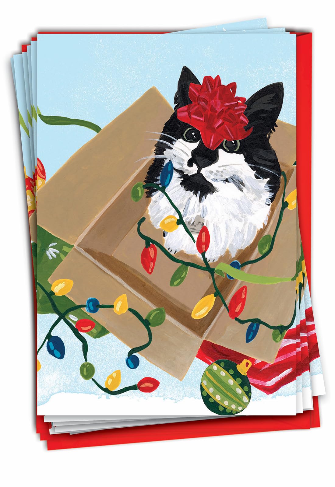The Best Card Company Purr-fect Holiday Red Bow - 12 cartes de vœux de Noël avec enveloppes (11,6 x 17,5 cm) - C9555BXSG-B12x1