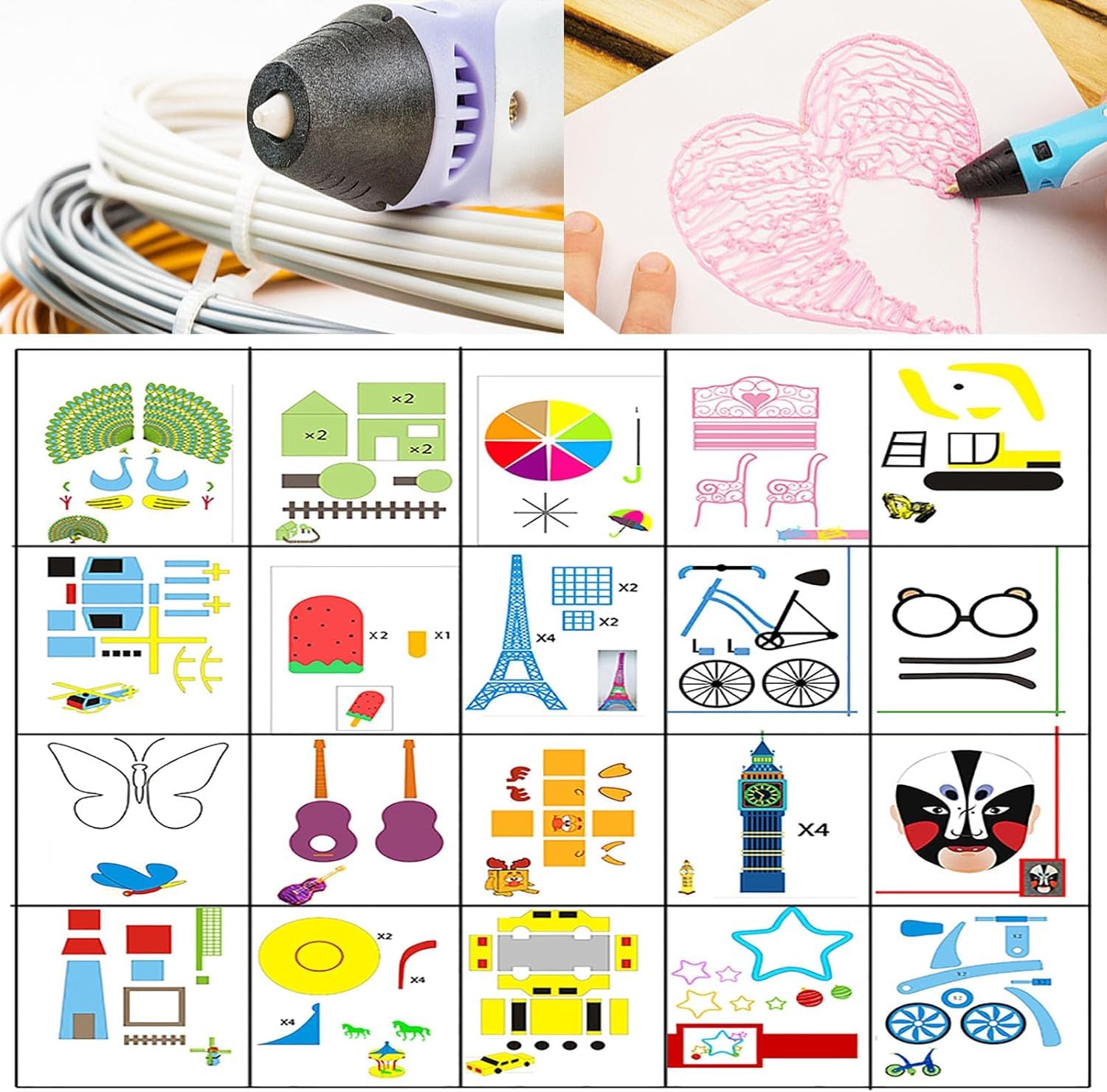 Modelli di Penne 3D Bambini, Carta da Disegno per Stampante 3D, 3D Modello di Graffiti per La Penna, con Piastra Trasparente, per Bambini, Principiante