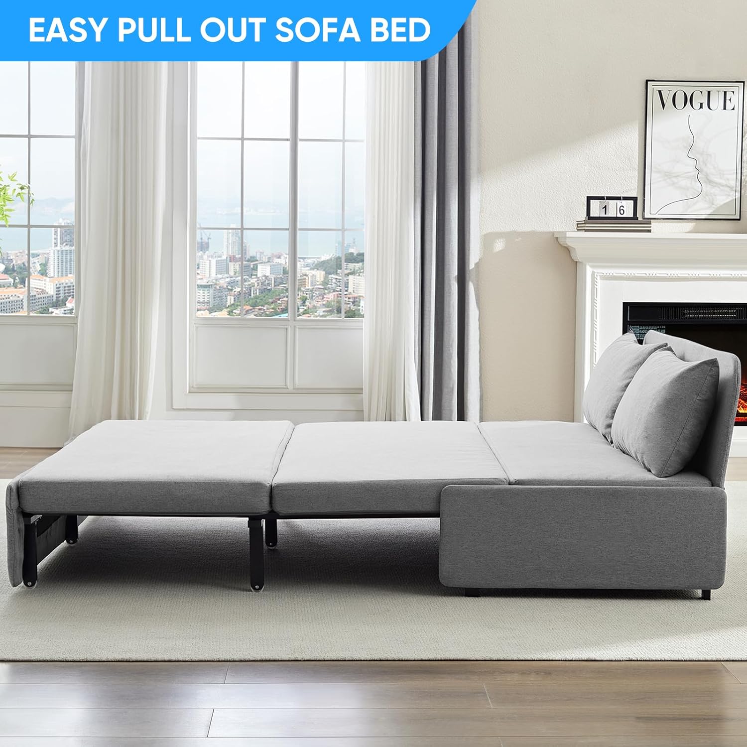 Mjkone 64" W Queen Size Sofa Bed with Pull Out Bed, 2-in-1 Modern Linen Pull Out Sleeper Sofa Couch Beds with Cushions &Throw Pillows for Small Place Apartment Living Room Office Studio, Light Gray