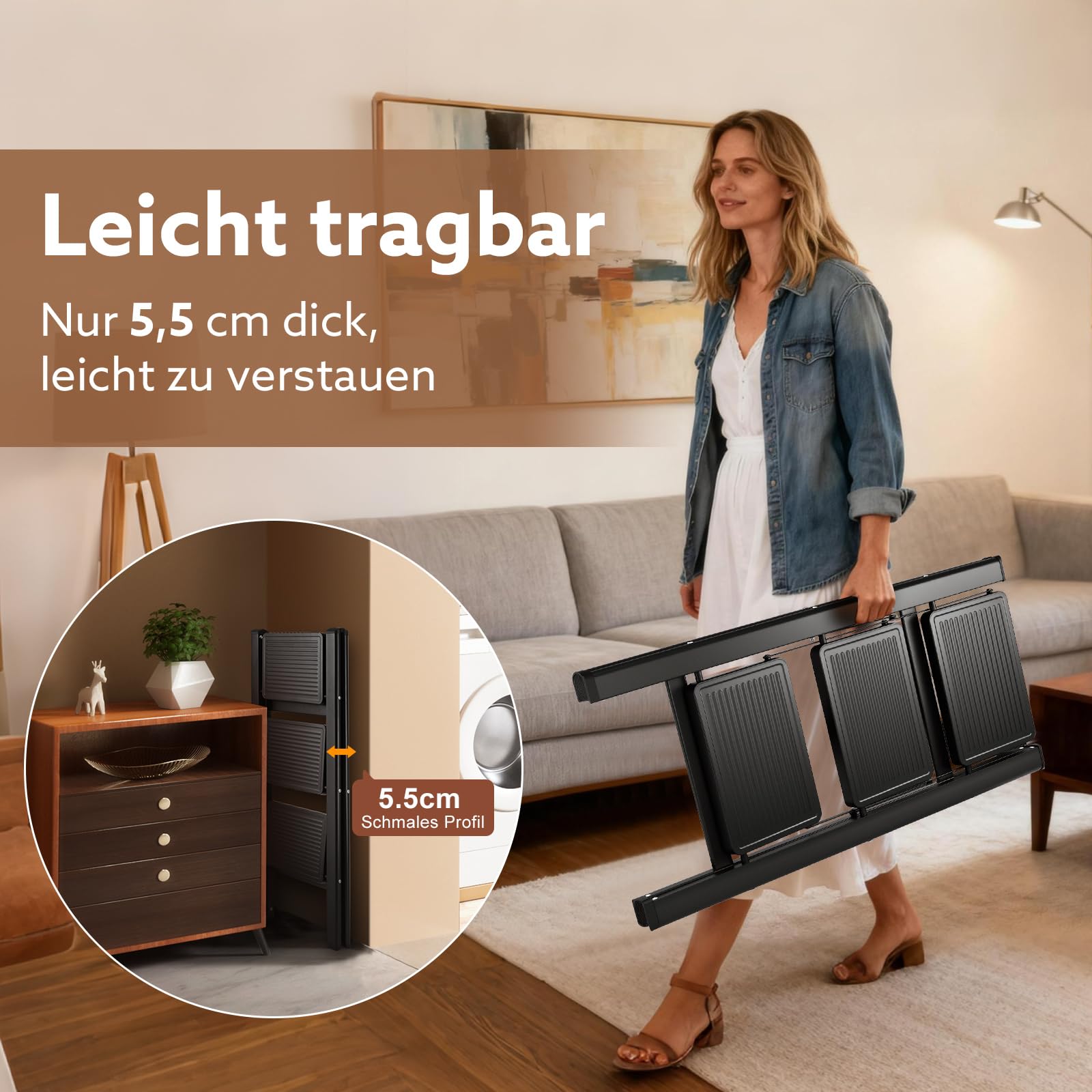 Trittleiter 3 Stufen Klappbar, rutschfeste Leiter, Tragbar klapptritt, Kleine Leiter mit Verbreitertem Pedal, Klappleiter Belastbar bis 150 kg, Haushaltsleiter für Haushalt und Küche, Schwarz