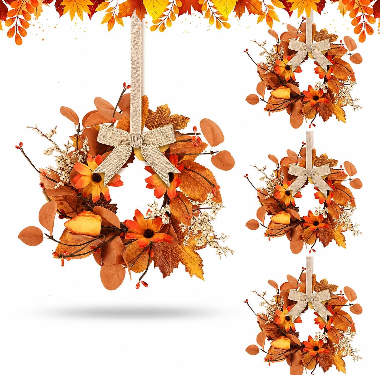 4 Pcs Fall Floral Wreaths Autumn Harvest Sunflowers Pumpkins Leaves Berries Hanging Candle Rings Mini Thanksgiving Table Centerpiece Wreath for Pillar Cabinets Farmhouse Decoration