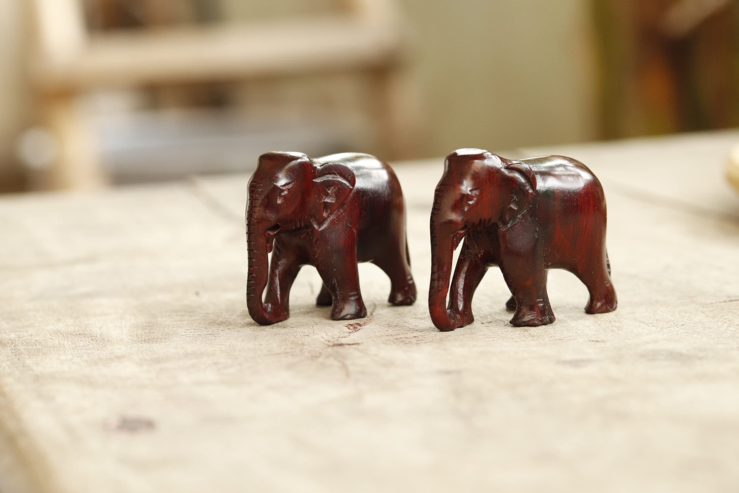 Mamta Handicrafts Natural Original Red Sandalwood Elephant Pair Idol Statue Lal Chandan Wooden Hathi Murti Figurine for Home Decor Combo Size Down Trunk 1 INCH